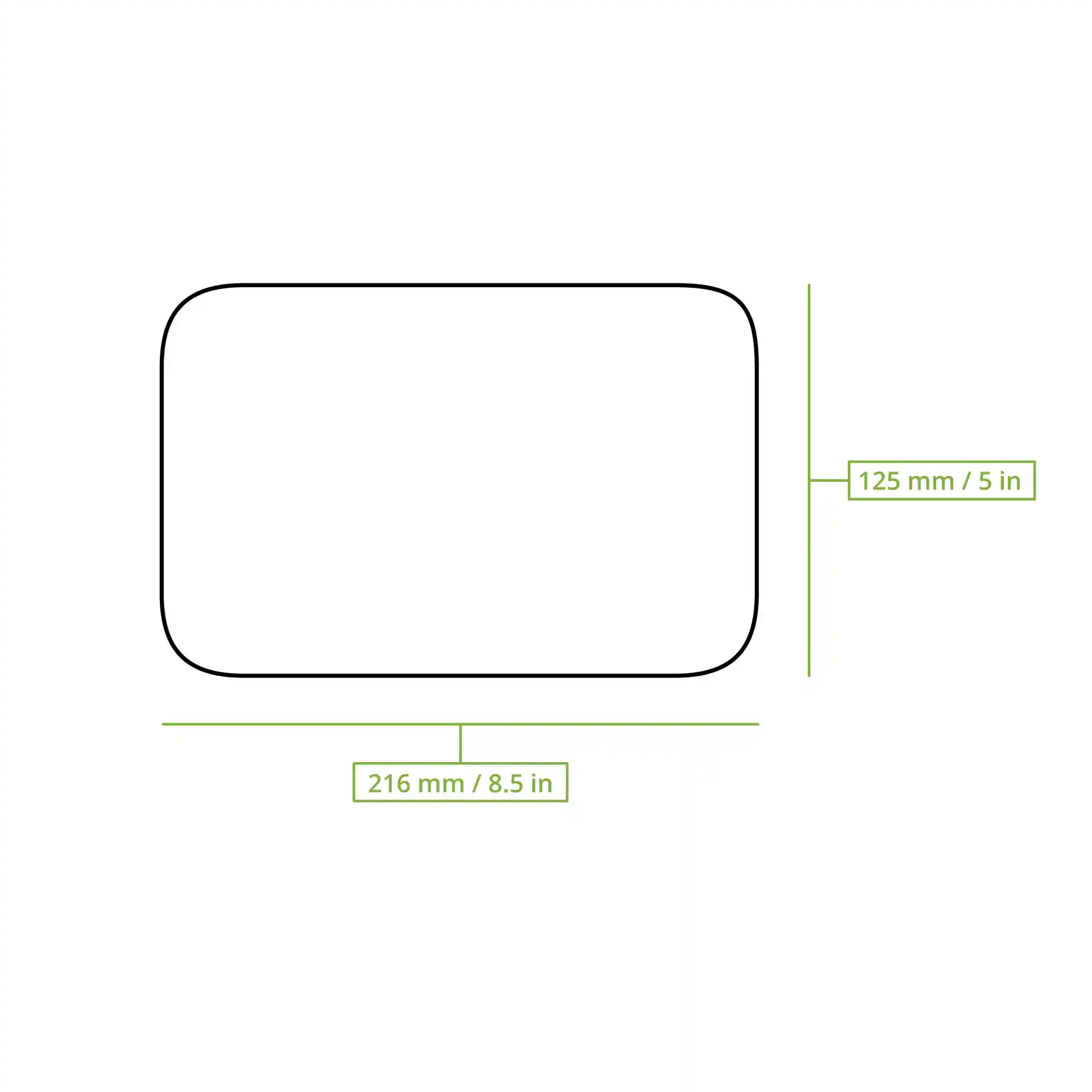 Schematische tekening van een rechthoekig deksel met afmetingen van 216 mm bij 125 mm.