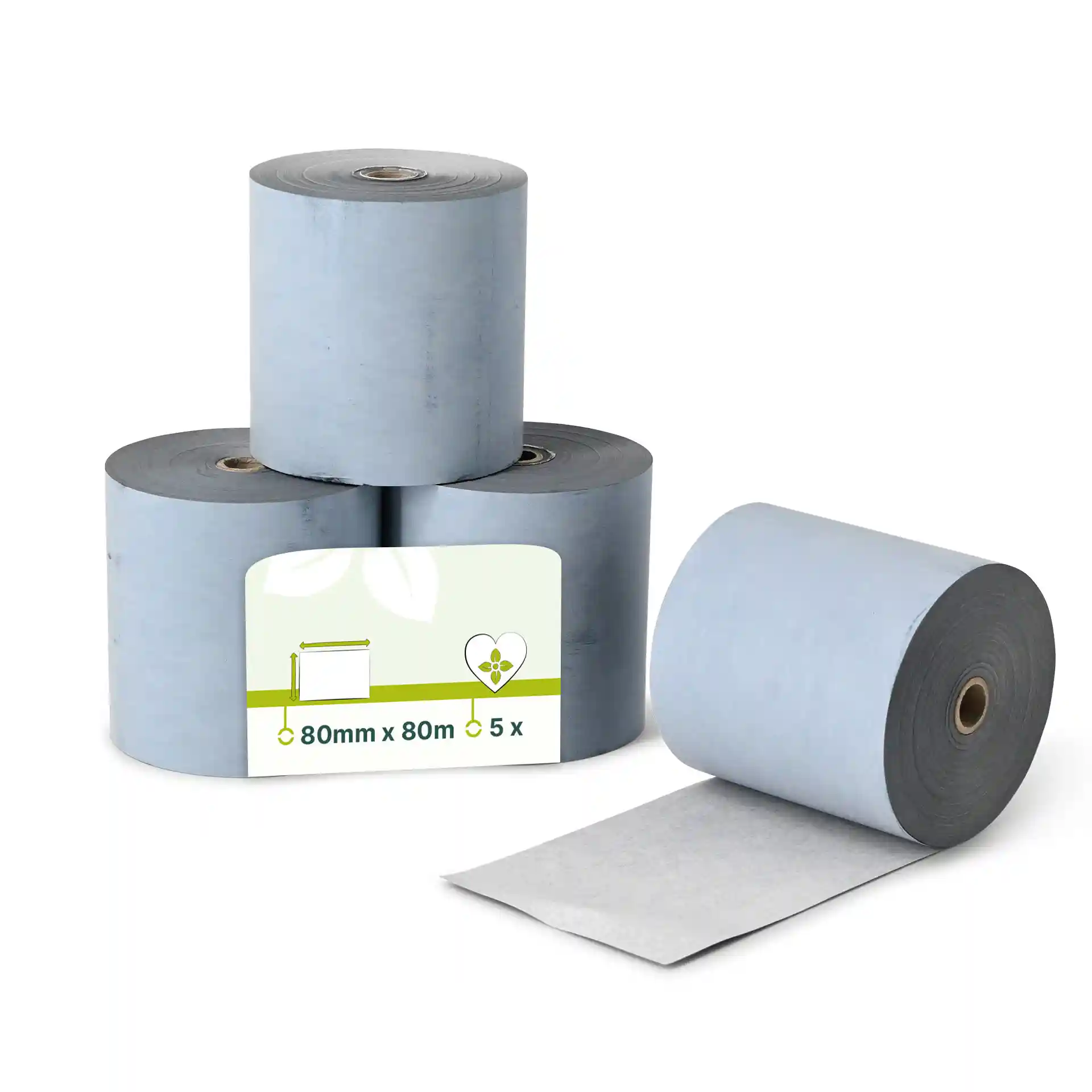 Drie rollen grijs thermisch papier voor kassa's, elk 80 mm x 80 m, met één rol gedeeltelijk uitgerold.