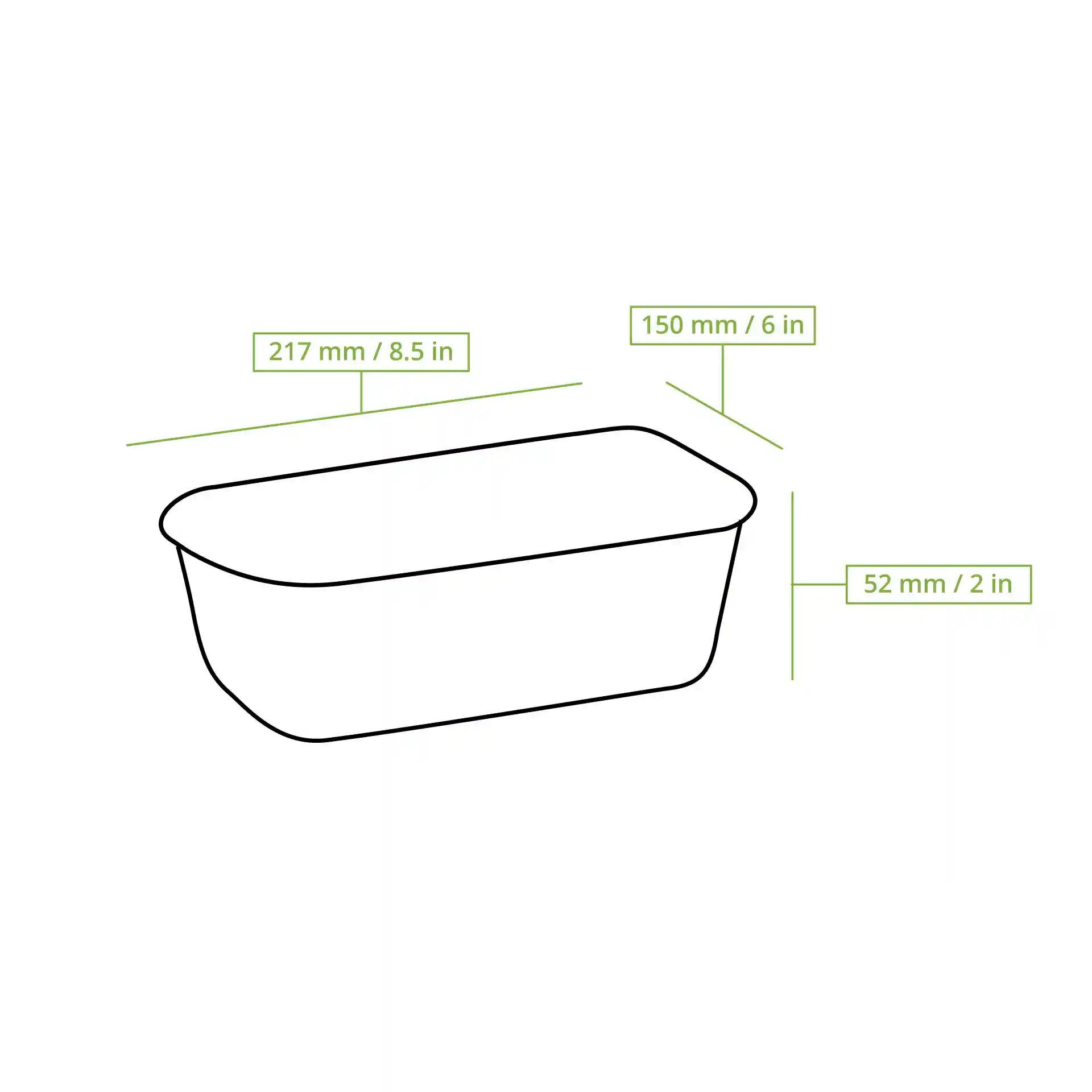 Schematische tekening van een rechthoekige herbruikbare container met afmetingen: 217 mm lengte, 150 mm breedte en 52 mm hoogte.