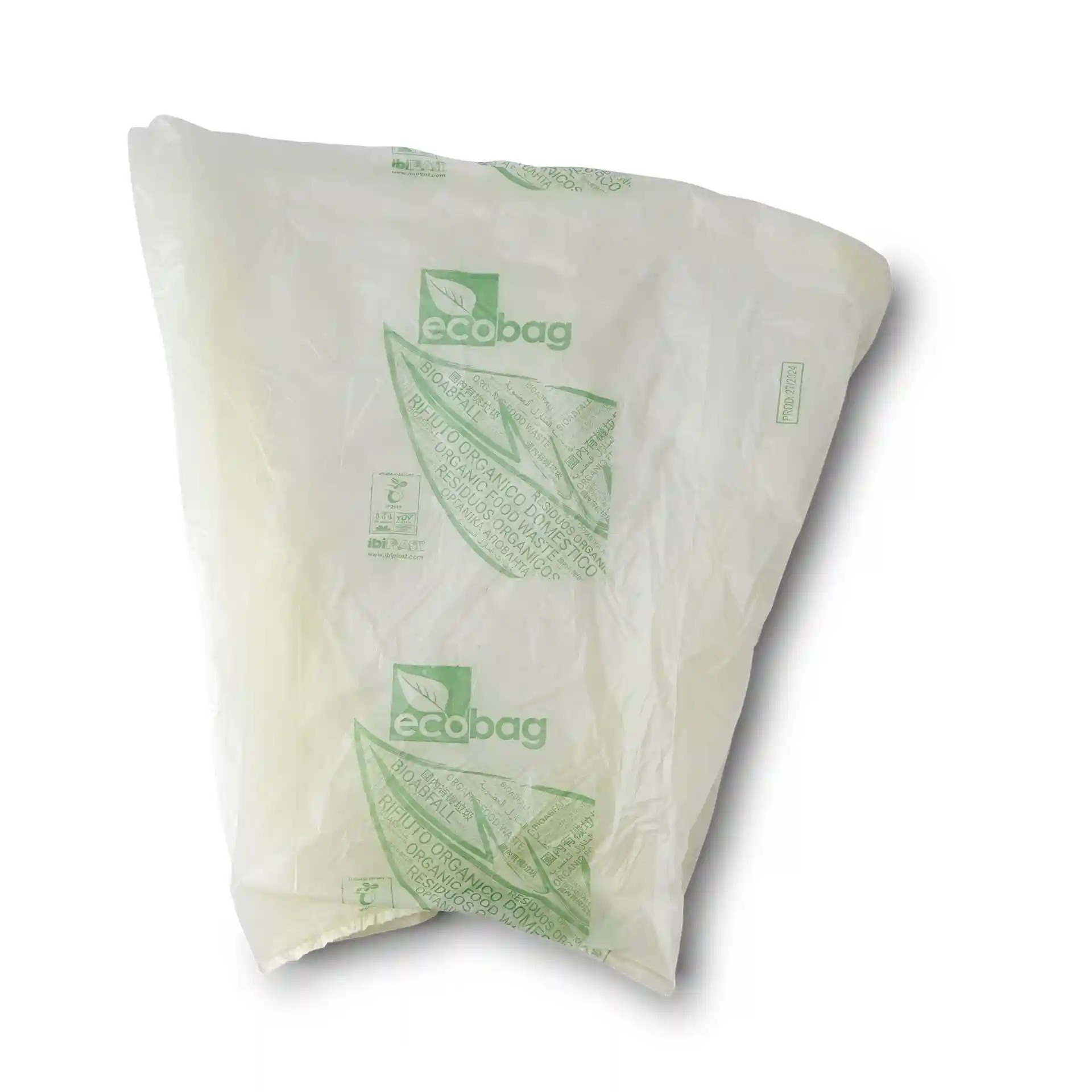 Transparante bio-afvalzak van PLA, 42x42 cm, met groene bedrukte markeringen.