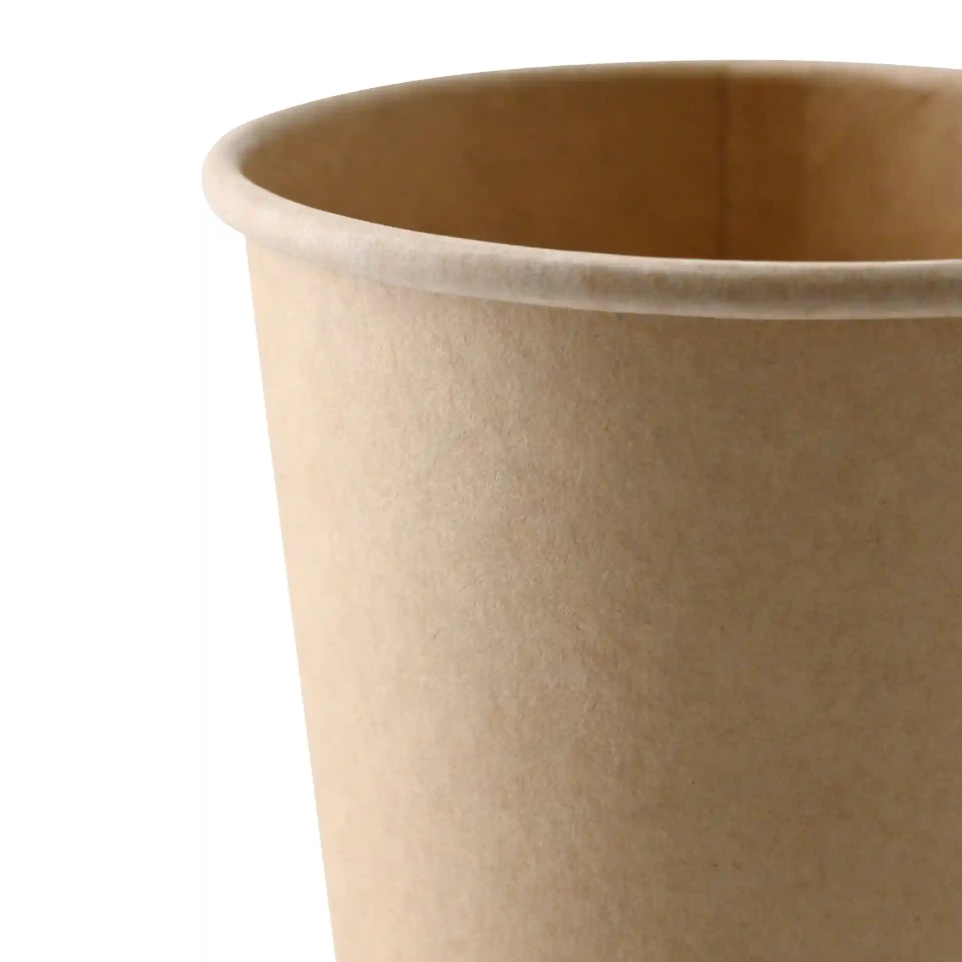 Bruine papieren beker met enkele wand, 300 ml inhoud en een diameter van 90 mm.