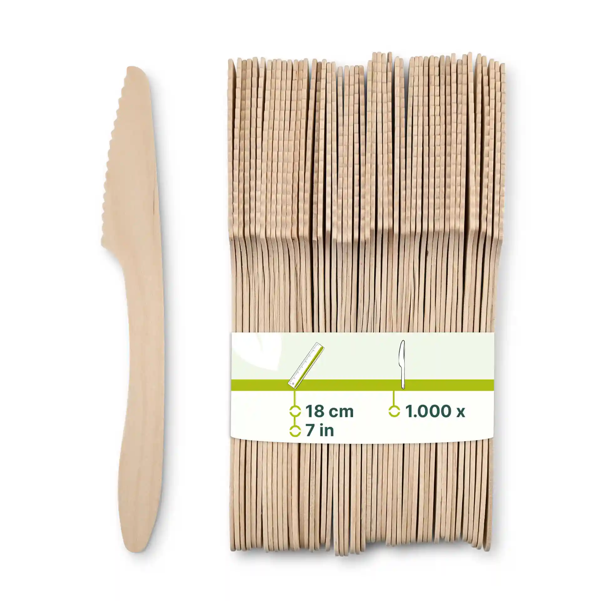 Houten mes met een gekartelde rand, 18 cm lang, naast een bundel van meerdere vergelijkbare messen.