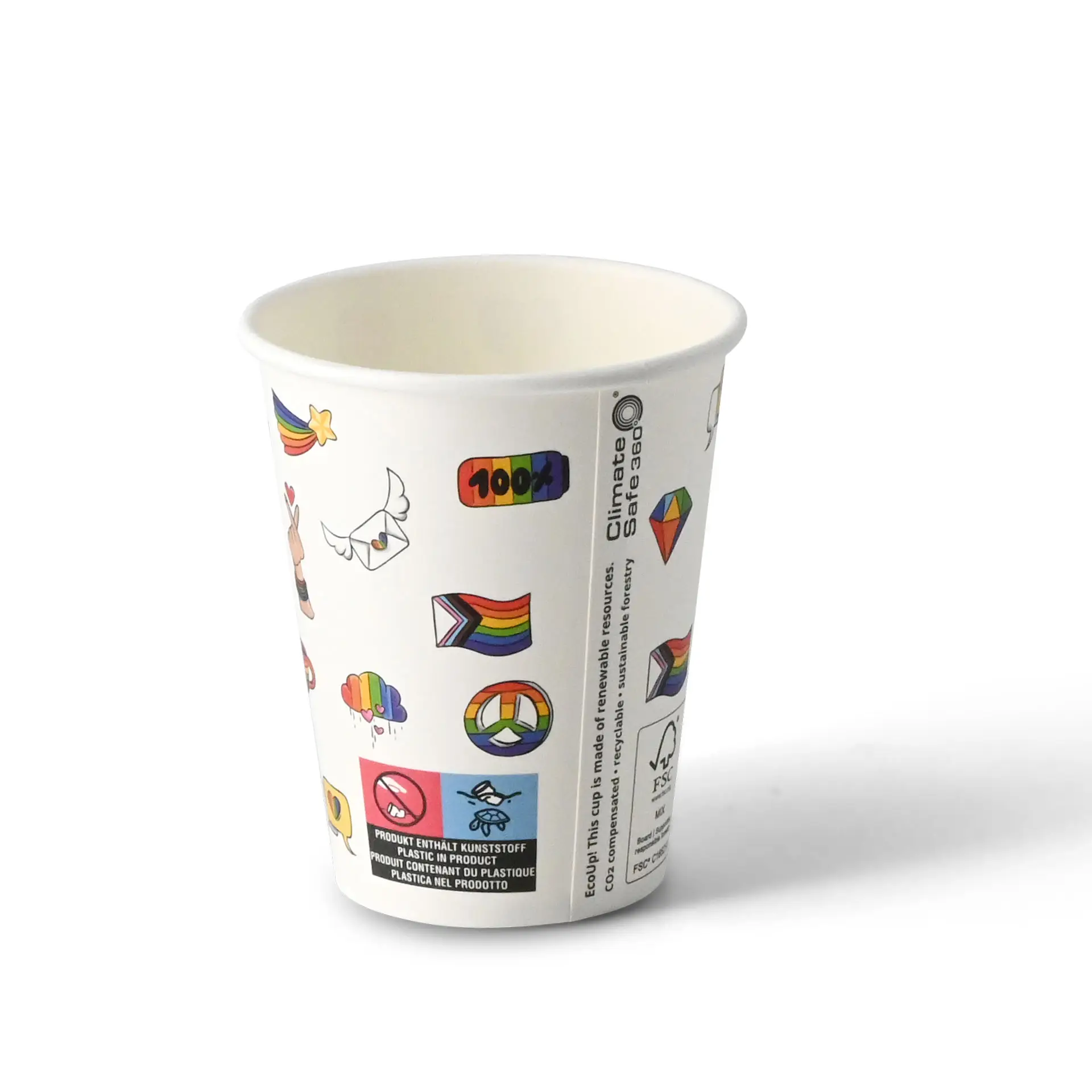 Kartonnen beker bedrukt "Pride" (gelaagd) 200 ml / 8 oz, Ø 80 mm, wit