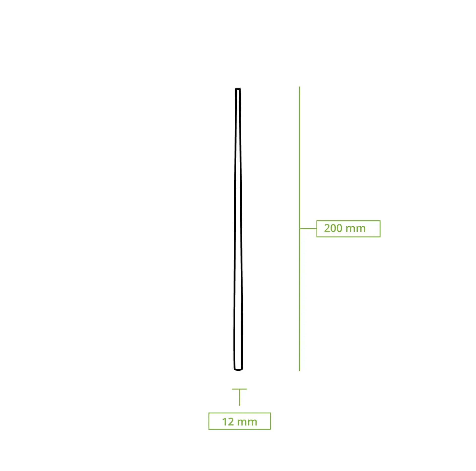 Bamboestokjes, 20 cm lang, verticaal weergegeven met afmetingen 200 mm en 12 mm.