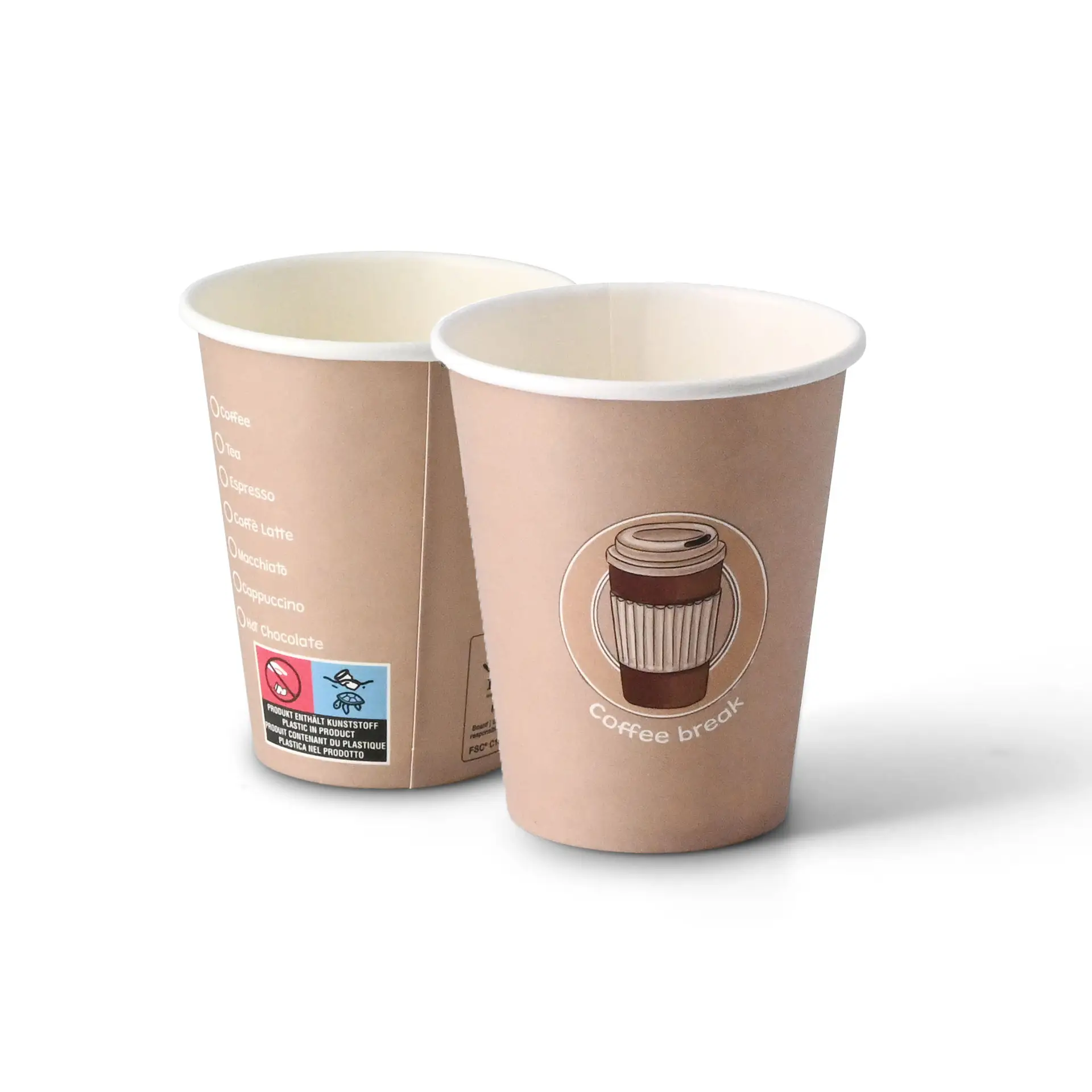 Ronde 8 oz kartonnen beker bedrukt met een koffiedesign en "Coffeebreak" label, twee bekers vanuit verschillende hoeken.