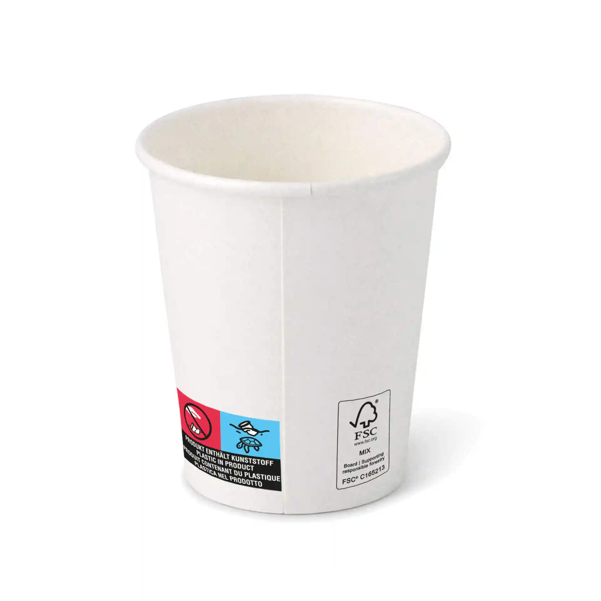 Witte papieren beker met ronde vorm, 8 oz capaciteit, met een label met symbolen en een certificeringsmerk.