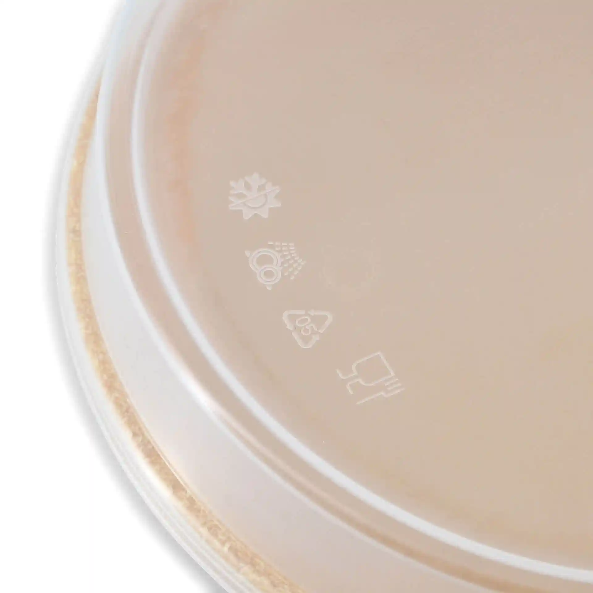 Transparante herbruikbare deksel met verschillende symbolen, waaronder sneeuwvlok, waterdruppels, recycling en magnetron.