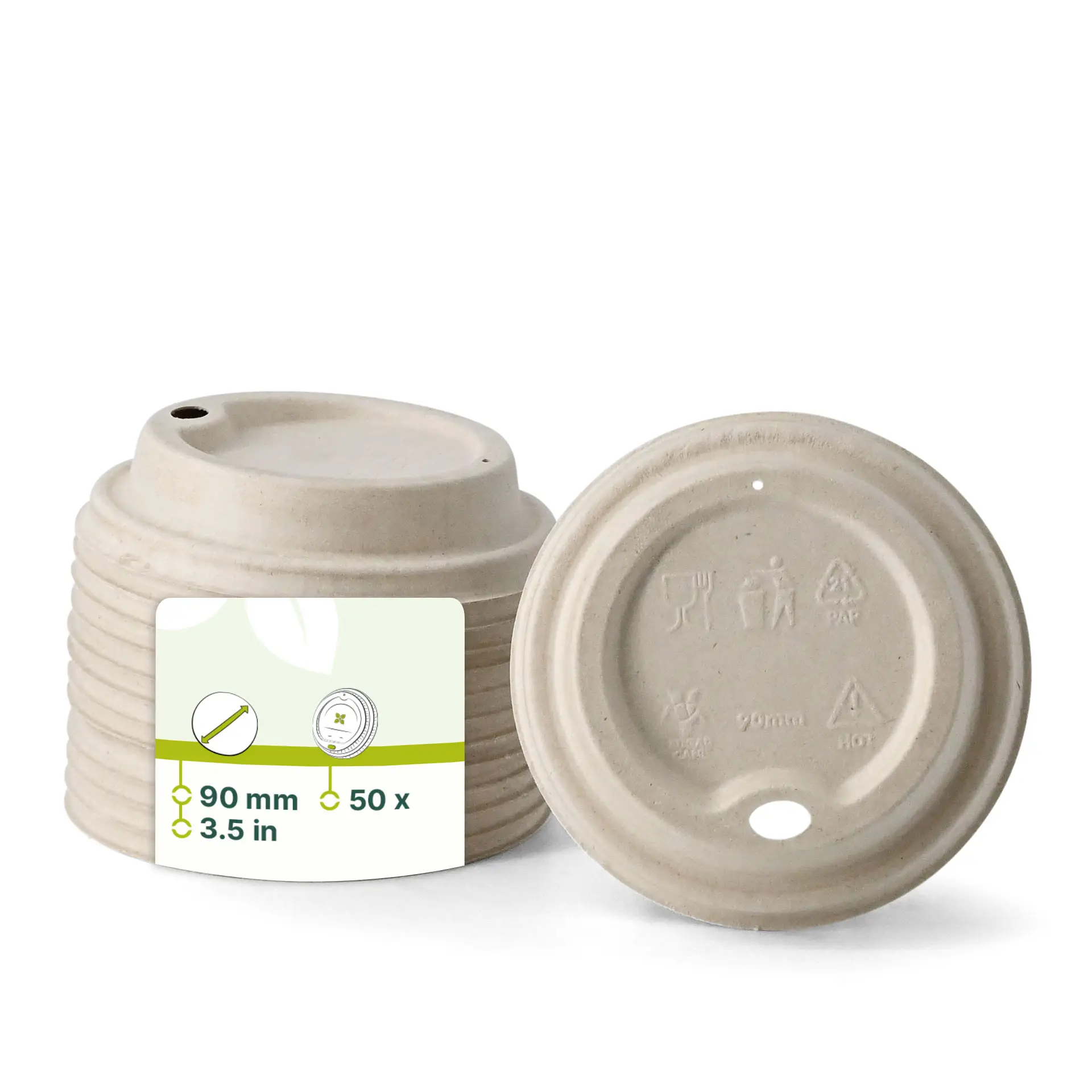Suikerrietdeksels voor papieren bekers, 90 mm diameter, bruin, met drinkopening, gestapeld met een label.