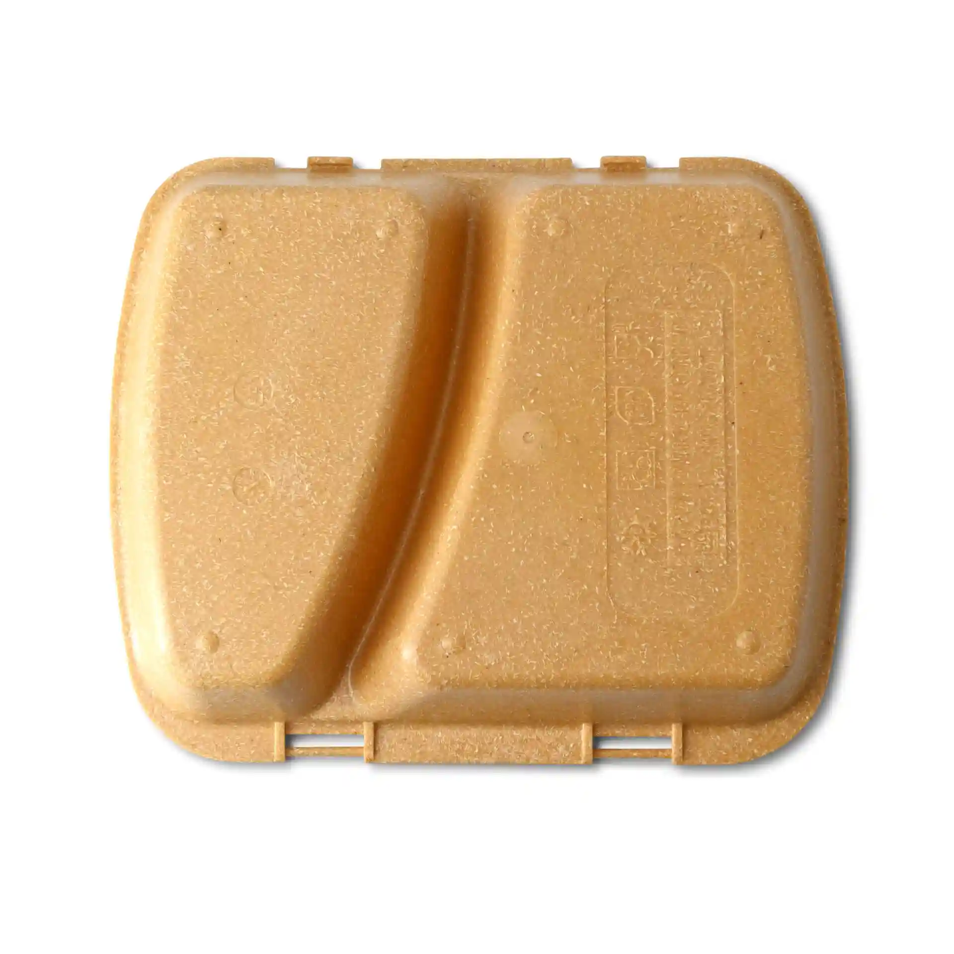 Bruine herbruikbare maaltijdcontainer met twee compartimenten, 24,5 x 20 x 4,5 cm, gemaakt van biocomposietmateriaal.