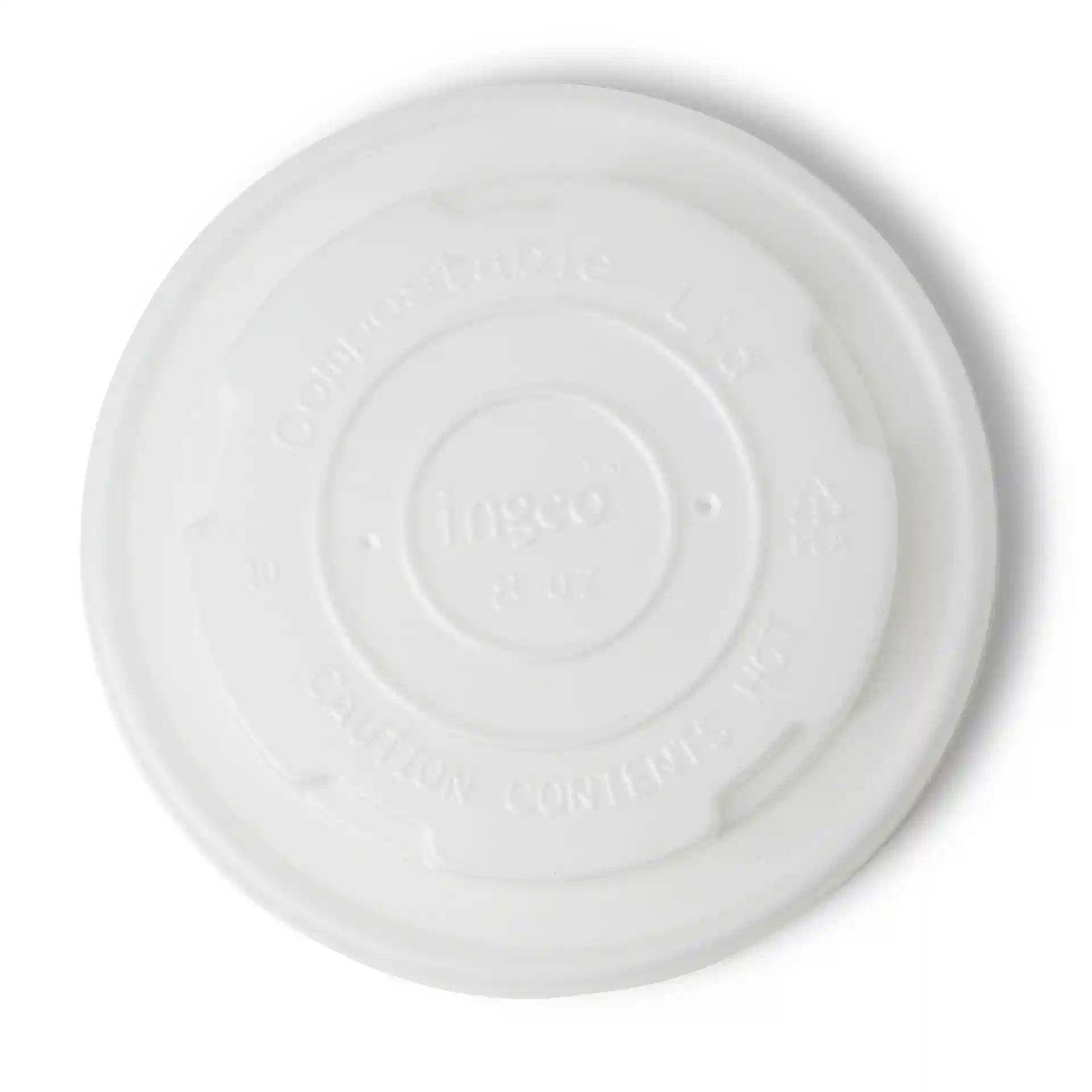 Witte CPLA vlakke deksel met ronde vorm, ontworpen voor universele bekers, met een diameter van 90 mm.