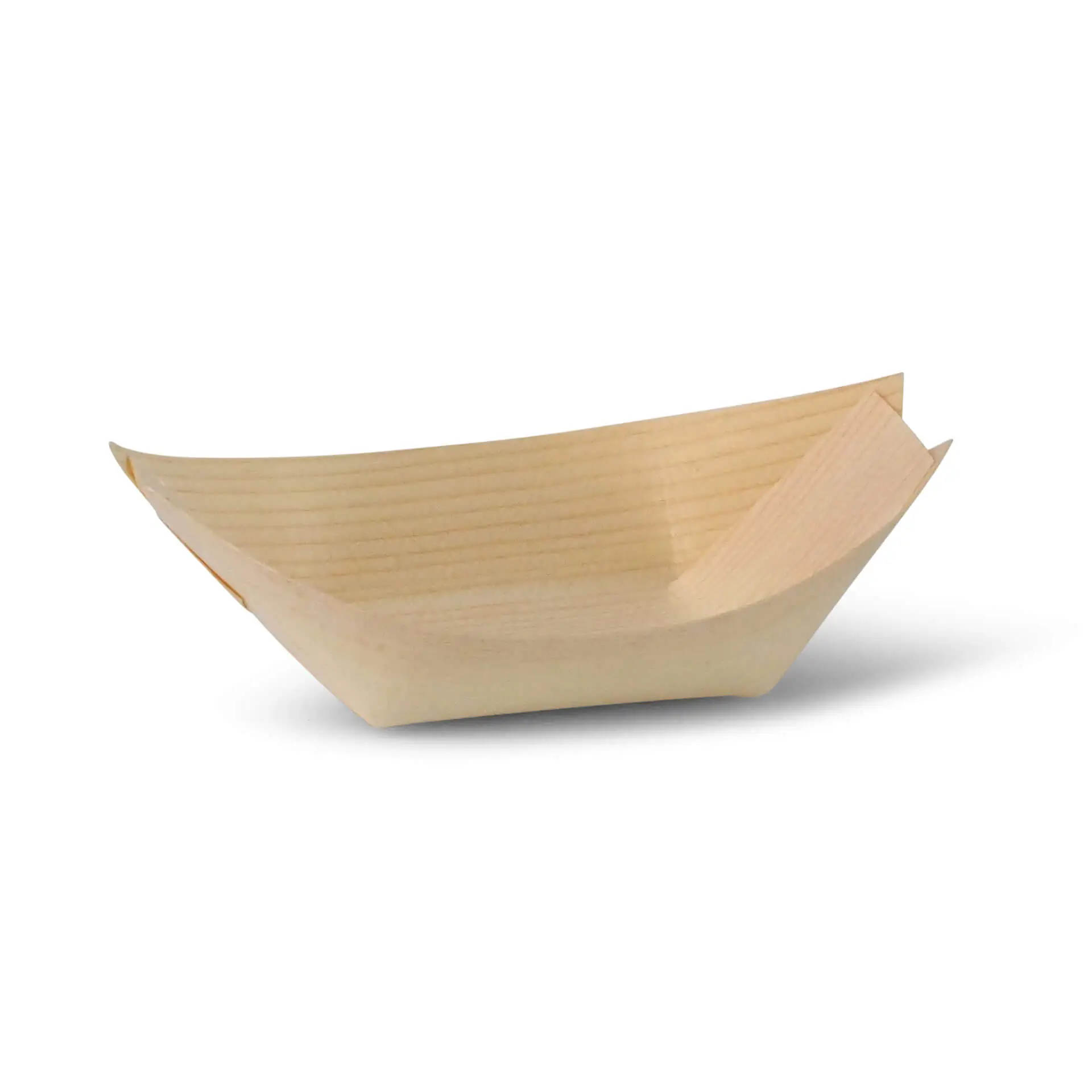 Houten bootvormige container van bruin hout, 11 cm lang, 7 cm breed en 3,2 cm hoog.