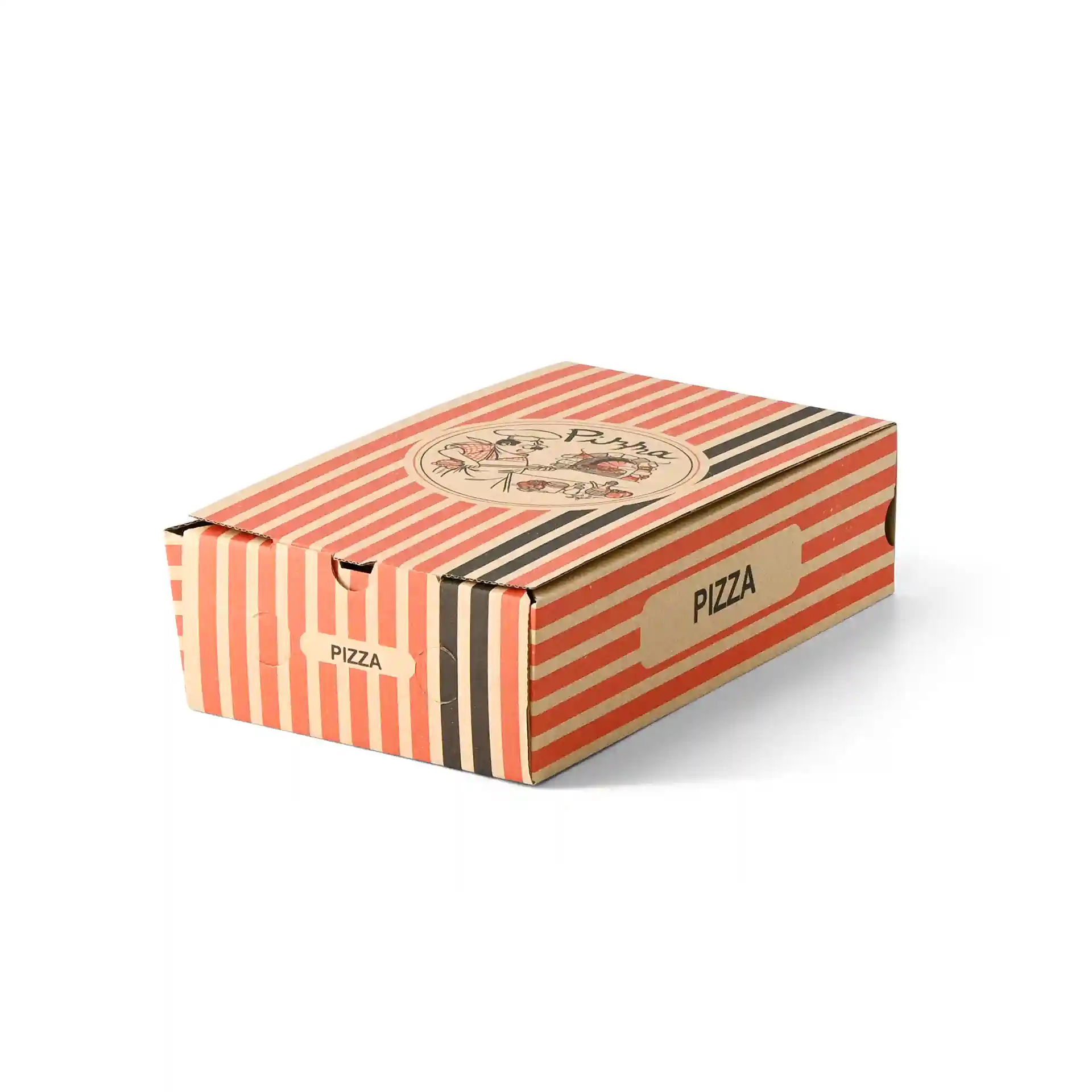 Karton pizza doos met een bruine pizzakok ontwerp, met rode en zwarte strepen, 27 x 16 x 7 cm.