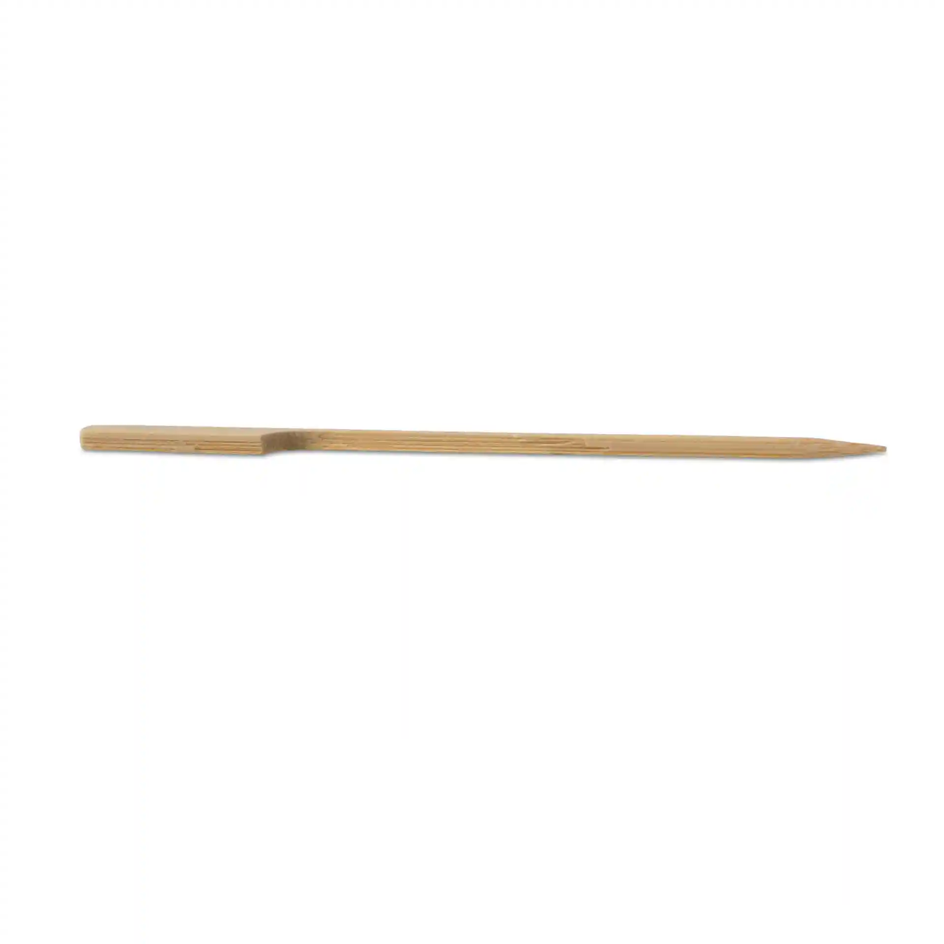 Bamboe prikker, 12 cm lang, ongekruid, met een puntige kant en een platte handgreep, op een witte achtergrond.