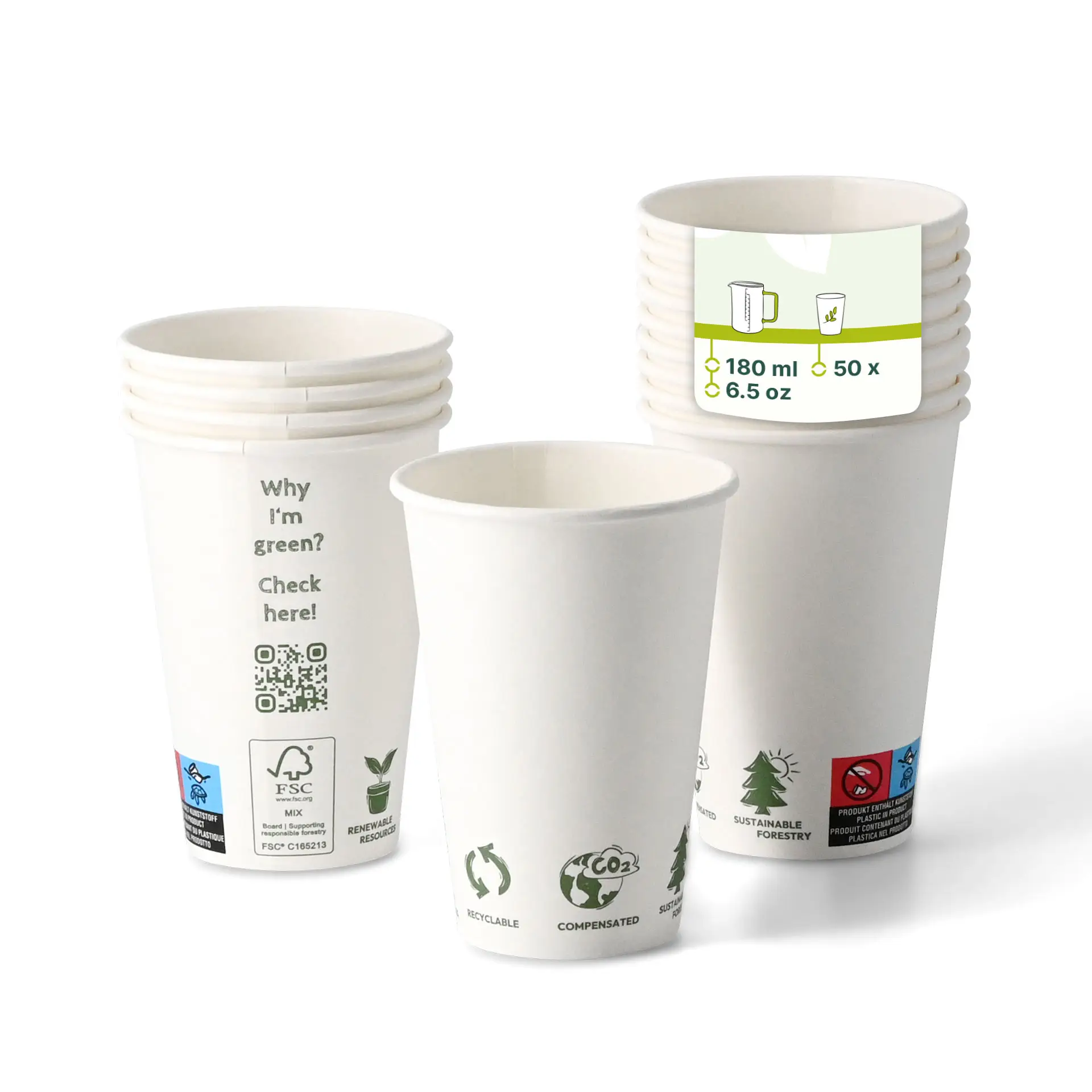 Automatenbeker "EcoUp©" Icons, 180 ml / 7,5 oz, Ø 70 mm, enkelwandig, wit, PLA-coating