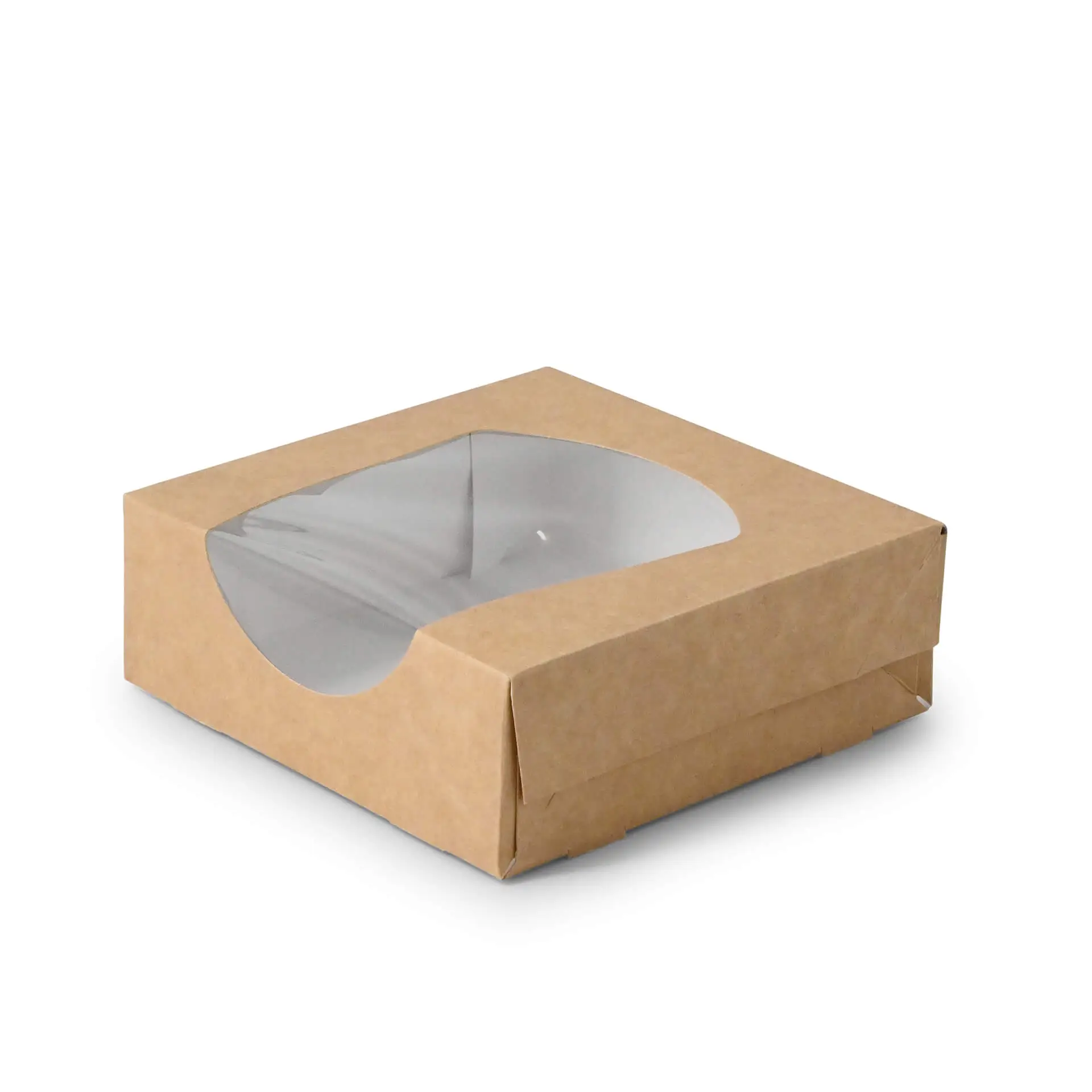 Bruine kartonnen vensterdoos met een helder cellulose venster, 12 x 12 x 4 cm.