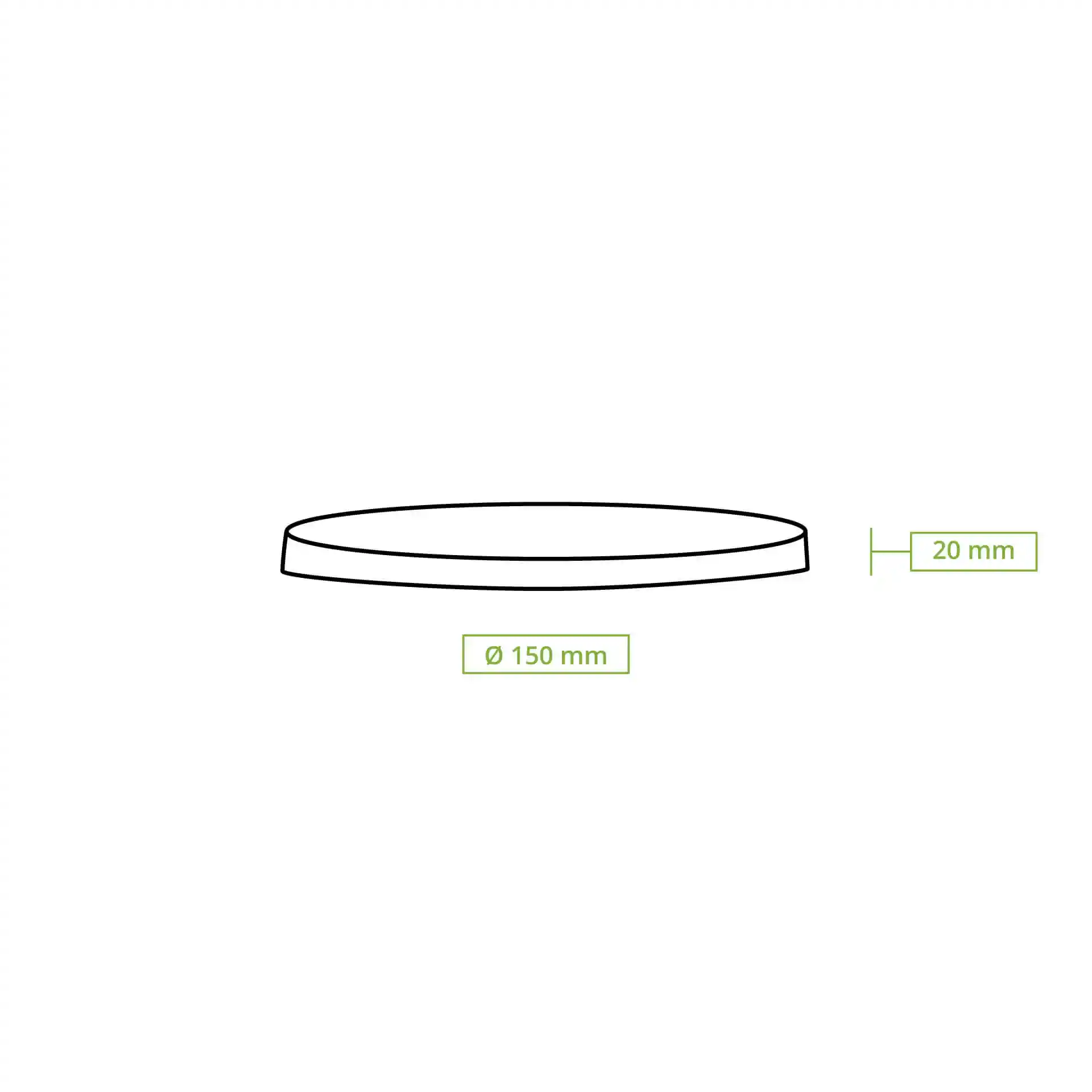 Schematische tekening van een transparante PLA-deksel met een diameter van 150 mm en een hoogte van 20 mm.