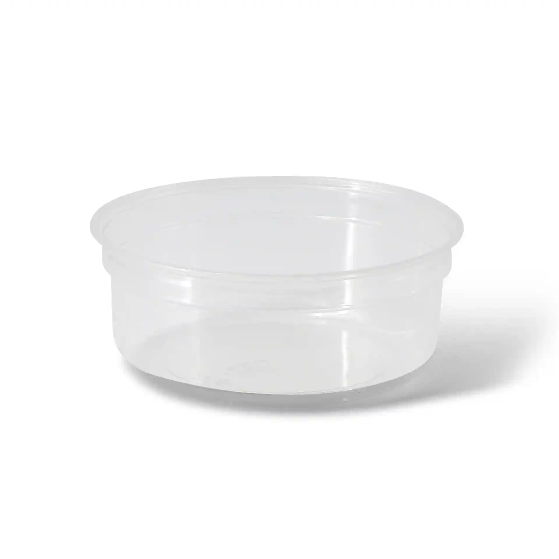 Transparante ronde deli-container met een inhoud van 250 ml en een diameter van 117 mm.