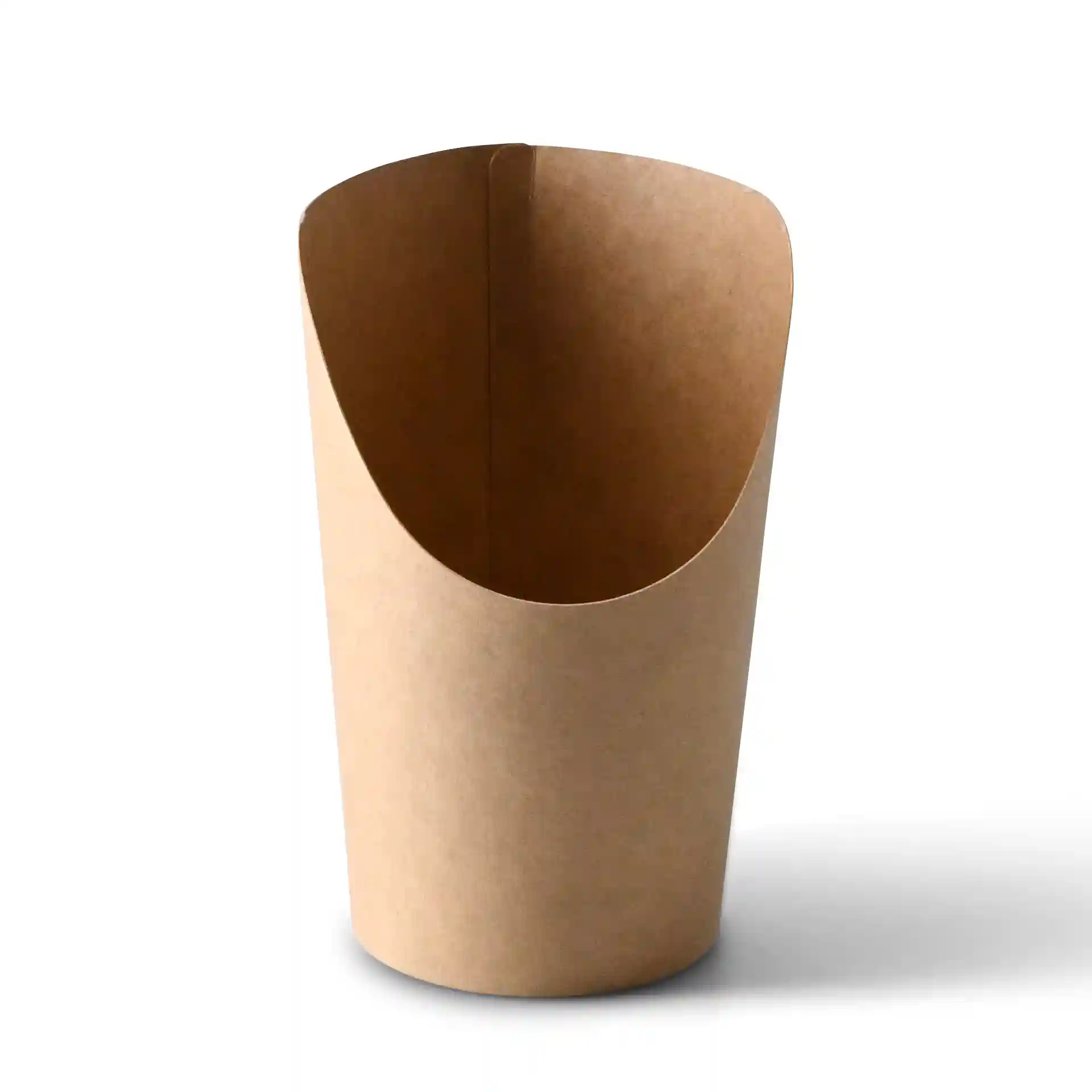 Bruine kartonnen beker met een milieuvriendelijke coating, 300 ml capaciteit, diep ontwerp, 120 mm hoogte en 80 mm boven diameter.