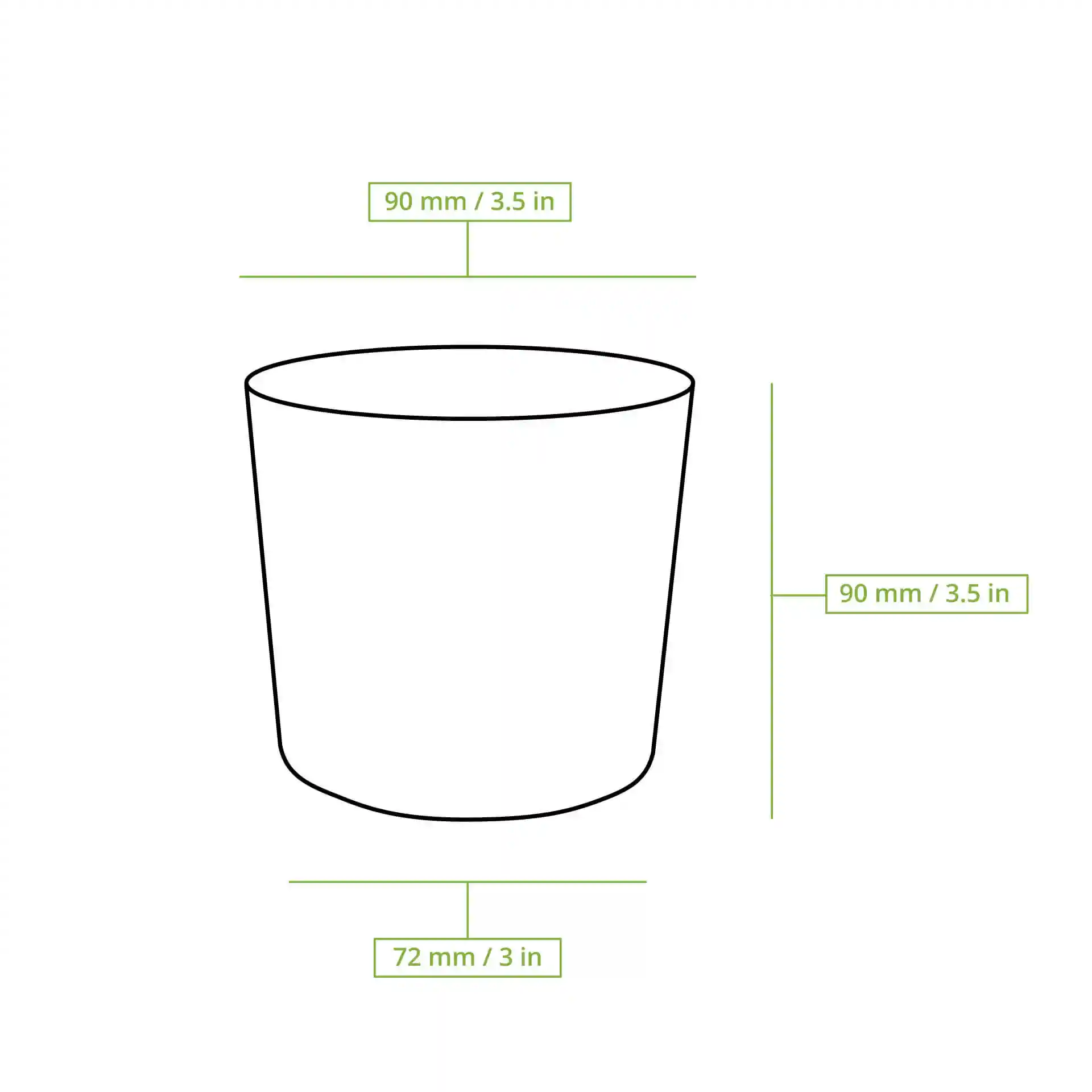 Schematische tekening van een ronde soepcontainer met afmetingen: hoogte 90 mm, bovenste diameter 90 mm, onderste diameter 72 mm.