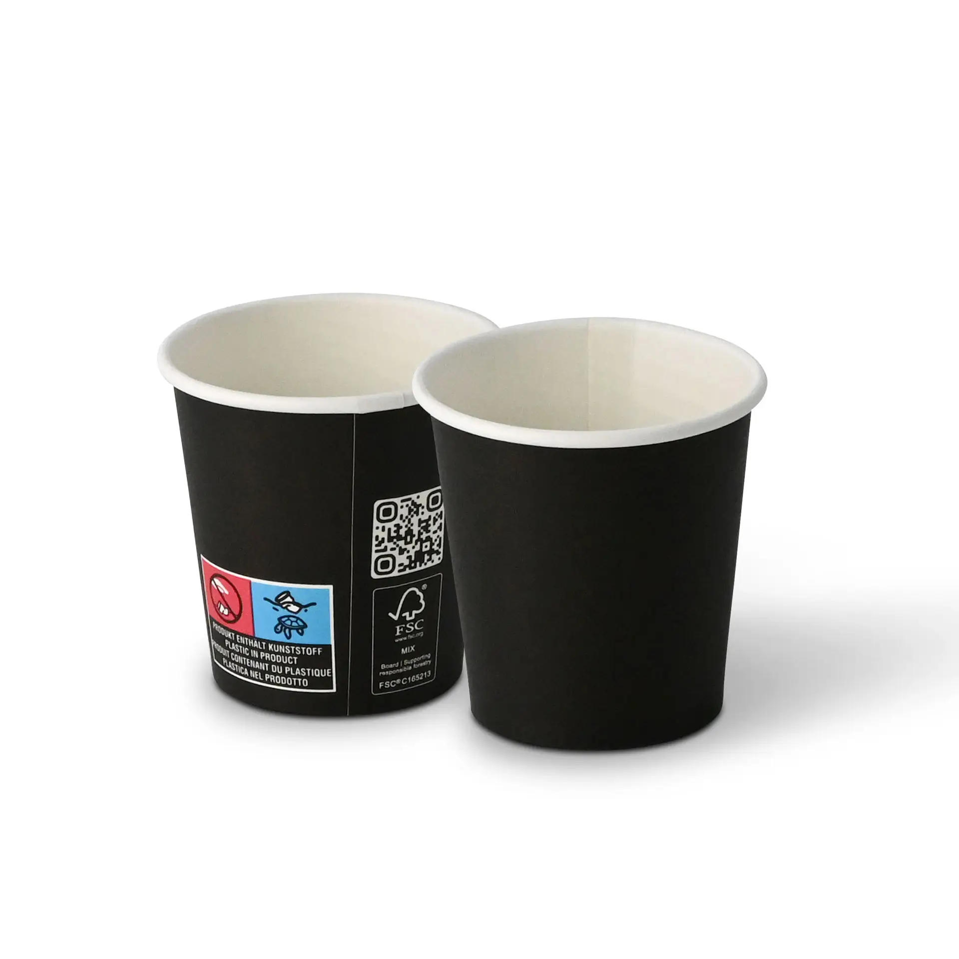 Zwarte bekers met enkele wand, 100 ml capaciteit en een diameter van 62 mm, met binnen- en buitenaanzichten.
