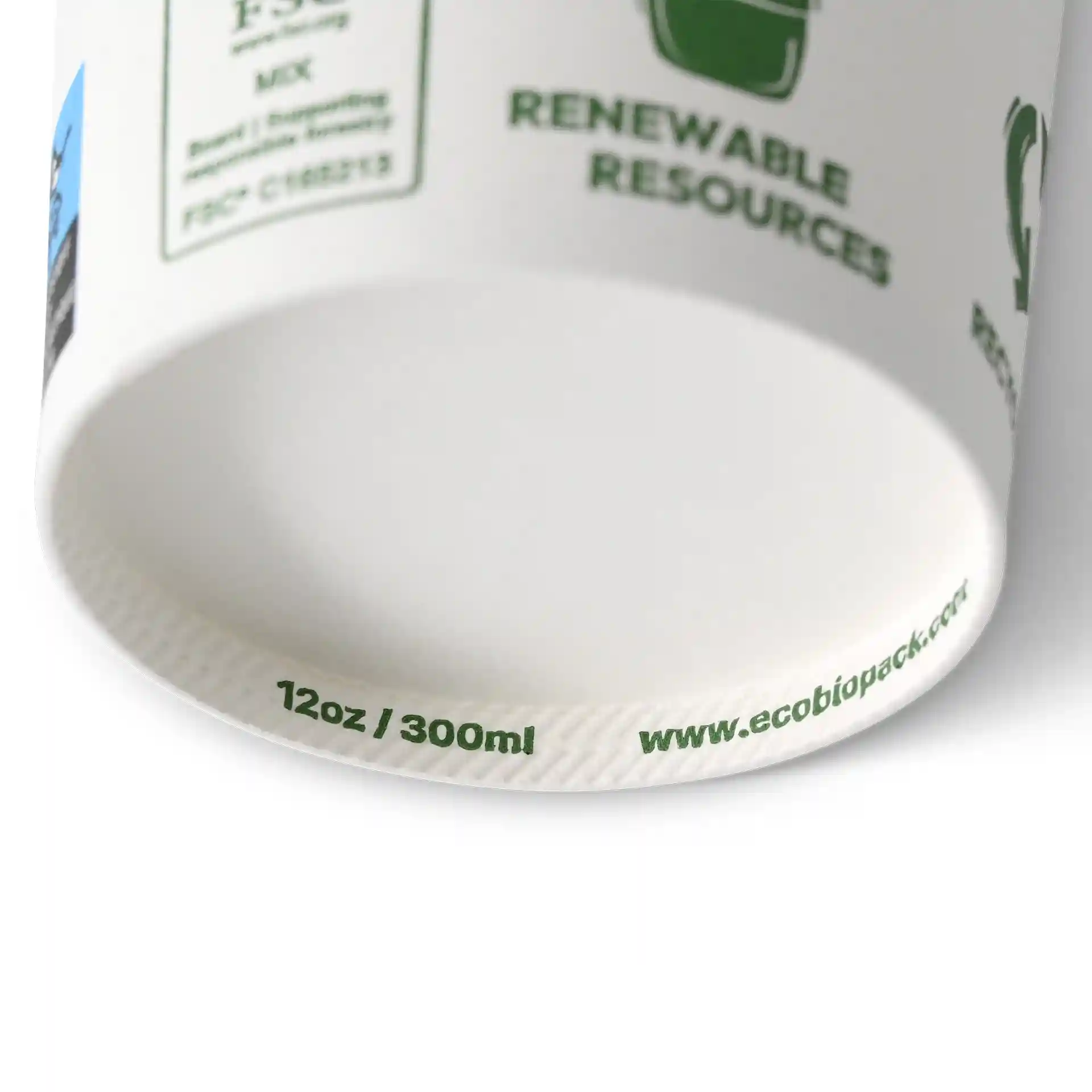 Witte beker met een diameter van 90 mm, met markeringen voor 12 oz / 300 ml en een link aan de onderkant.