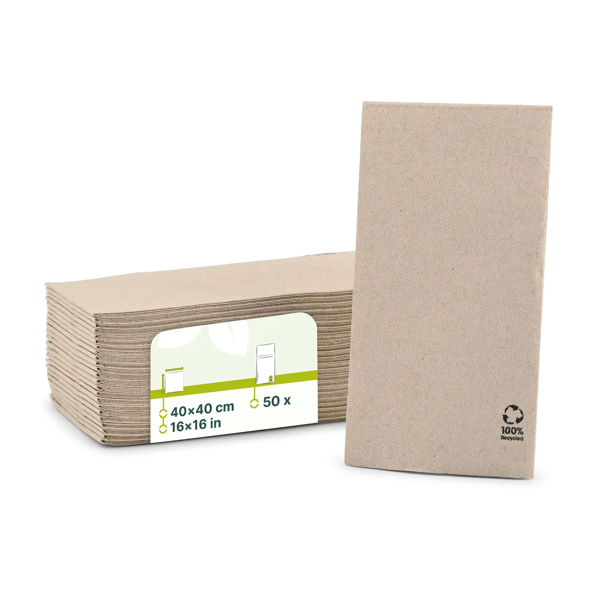 Servetten van gerecycled papier (Premium) 40 x 40 cm, 2-laags, 1/8 vouw, ongebleekt Servetten van gerecycled papier (Premium) 40 x 40 cm, 2-laags, 1/8 vouw, ongebleekt