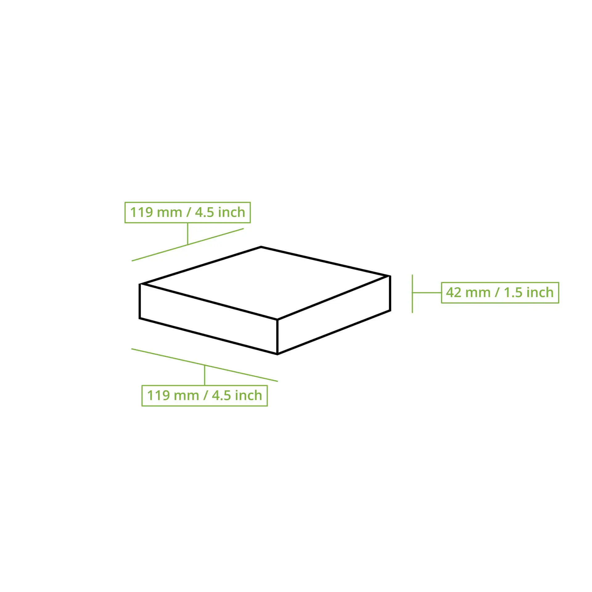 Schematische tekening van een rechthoekige doos met afmetingen: 120 mm lengte, 120 mm breedte en 43 mm hoogte.