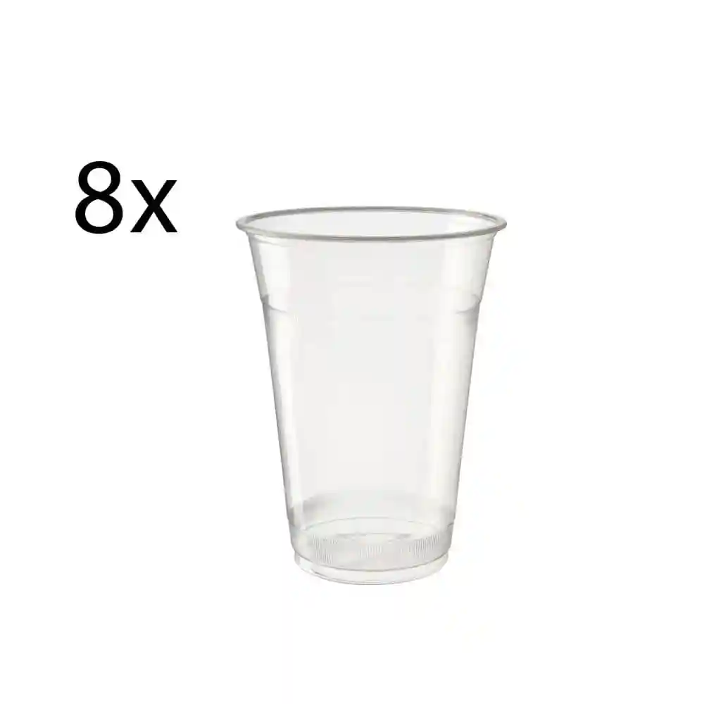 Heldere plastic beker met een taps toelopend ontwerp, met het nummer 8 ernaast.