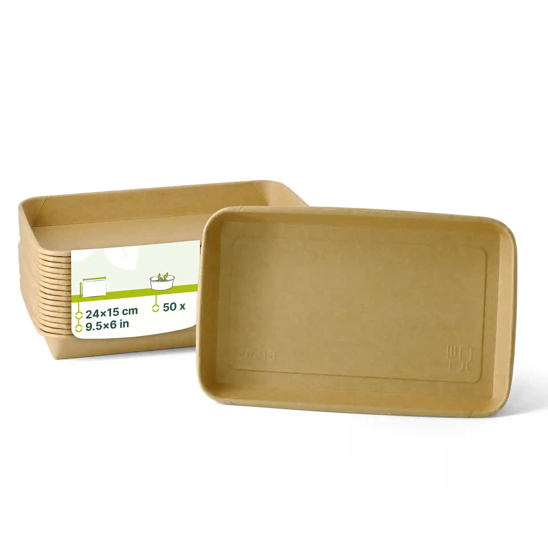Bruine sushi-dozen, 24 x 15 cm, met een label met afmetingen en hoeveelheid, gestapeld met één vooraan.