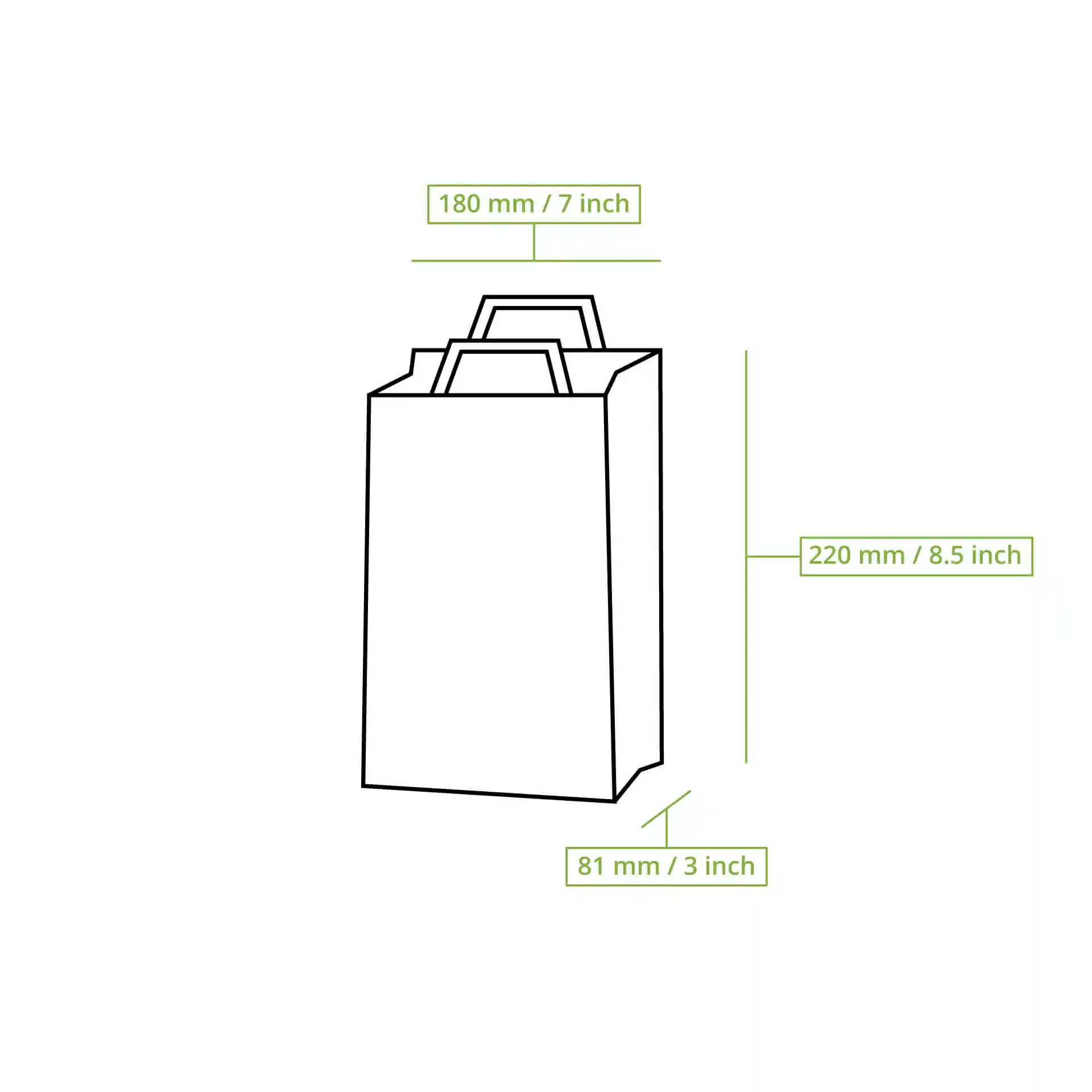 Schematische tekening van een bruine papieren draagtas met afmetingen: 180 mm breed, 220 mm hoog en 81 mm diep.