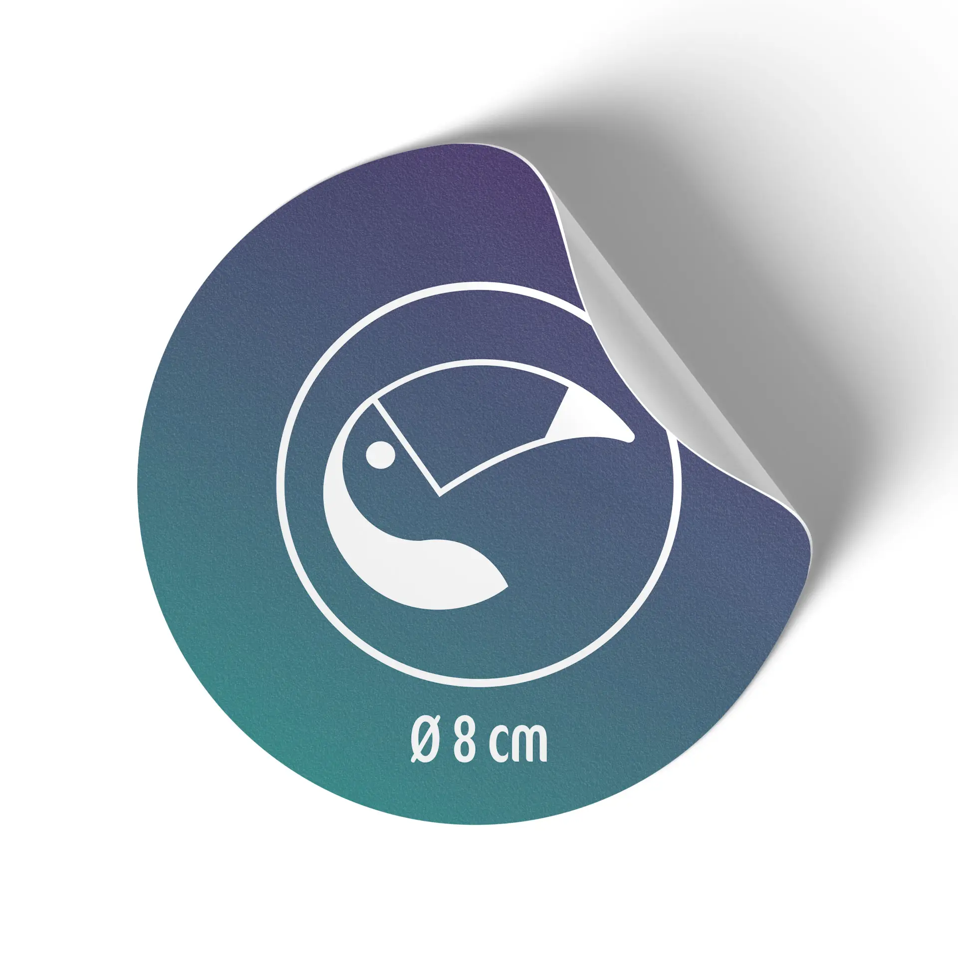 Ronde decoratieve sticker met een ontwerp van een gestileerde vogel, maat Ø 8 cm, met een gradient achtergrond.