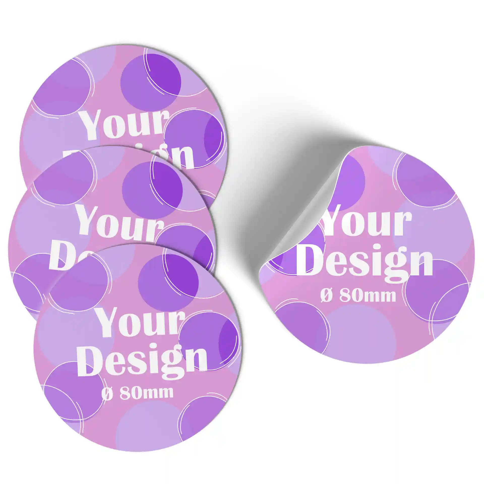 Ronde, bedrukte labels op een witte matte achtergrond, met paarse en roze cirkels, met een diameter van 80 mm.