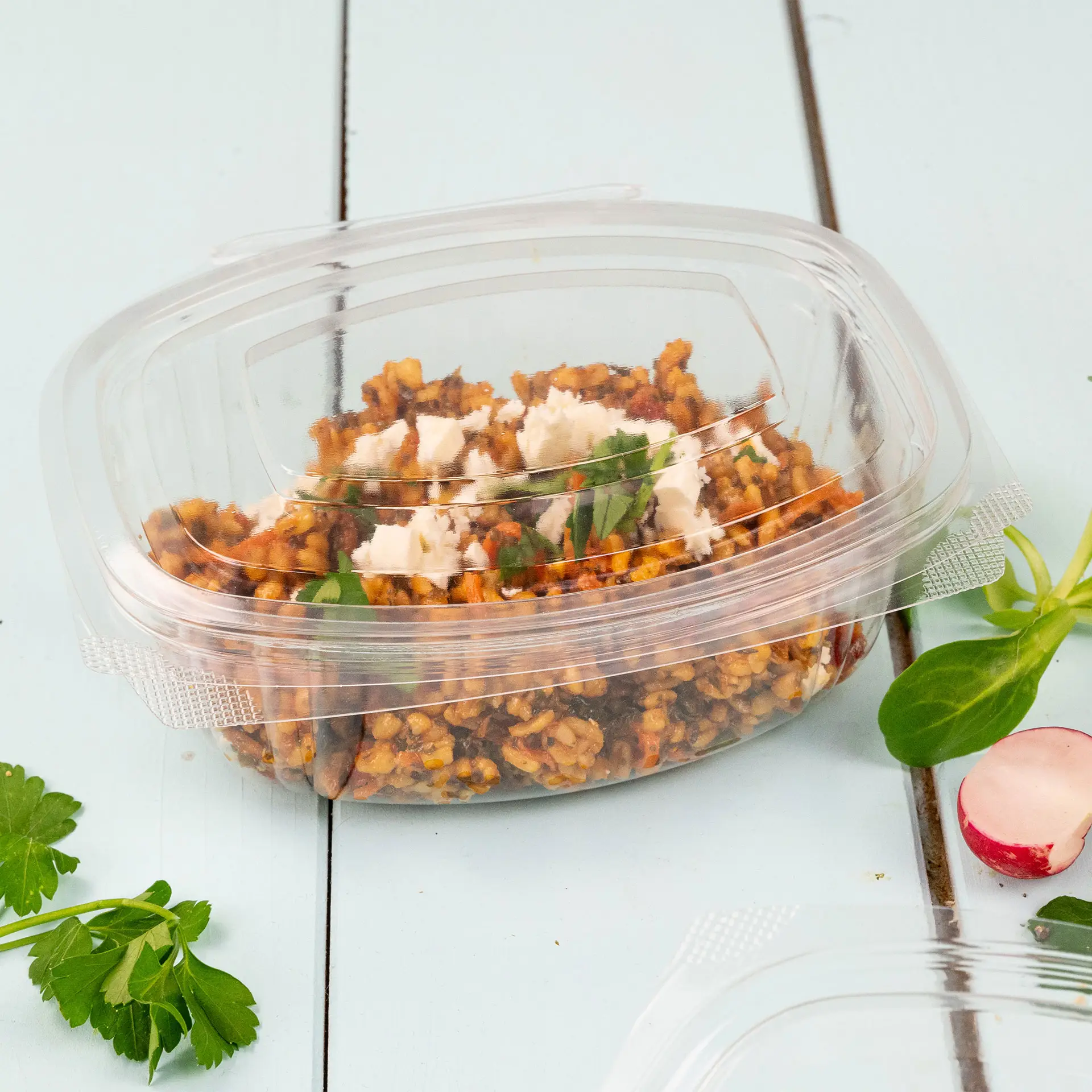 PLA deli kommen 500 ml, klapdeksel, rechthoekig PLA deli kommen 500 ml, klapdeksel, rechthoekig