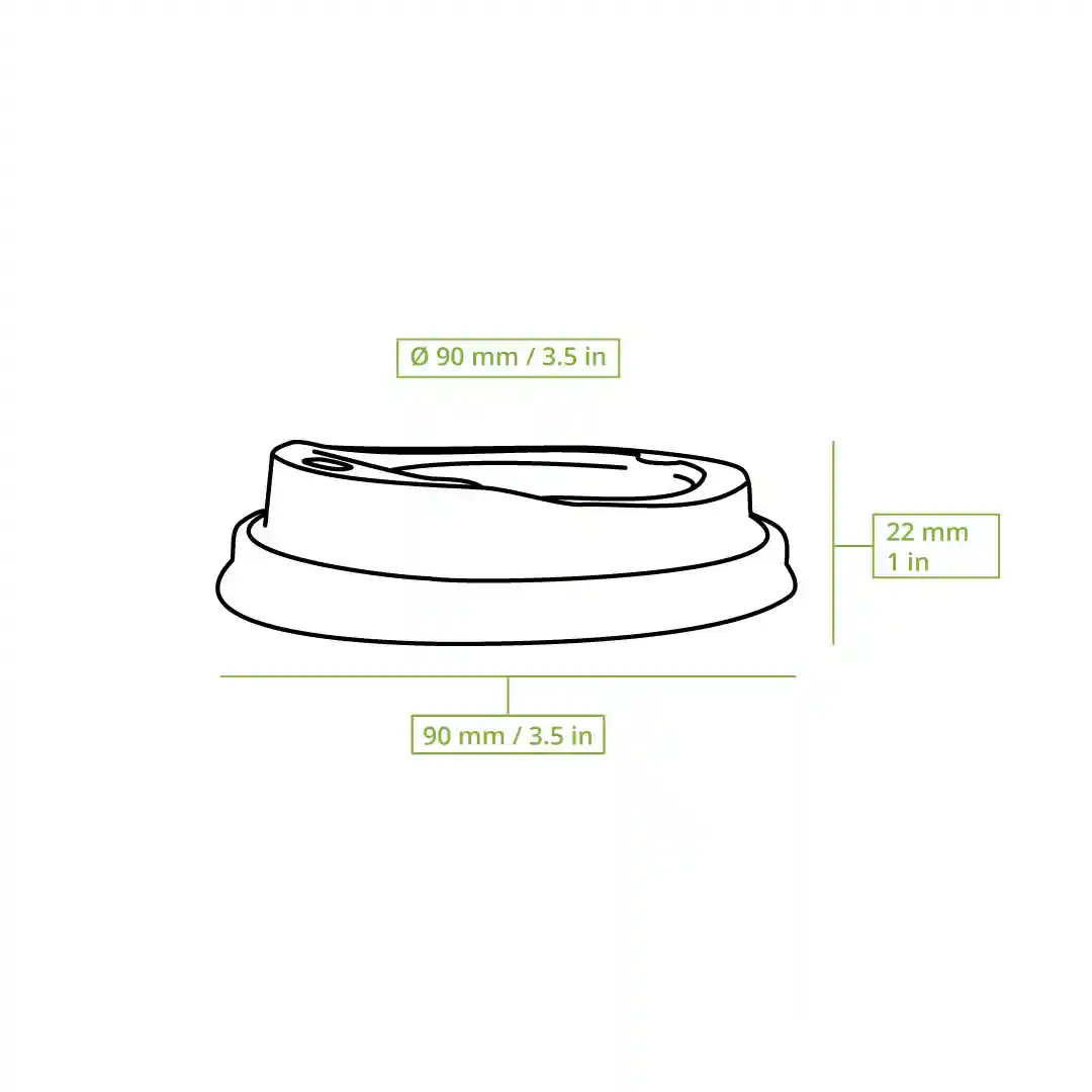 Schematische tekening van een bruine suikerrietdeksel voor bekers met een diameter van 90 mm en een hoogte van 22 mm.