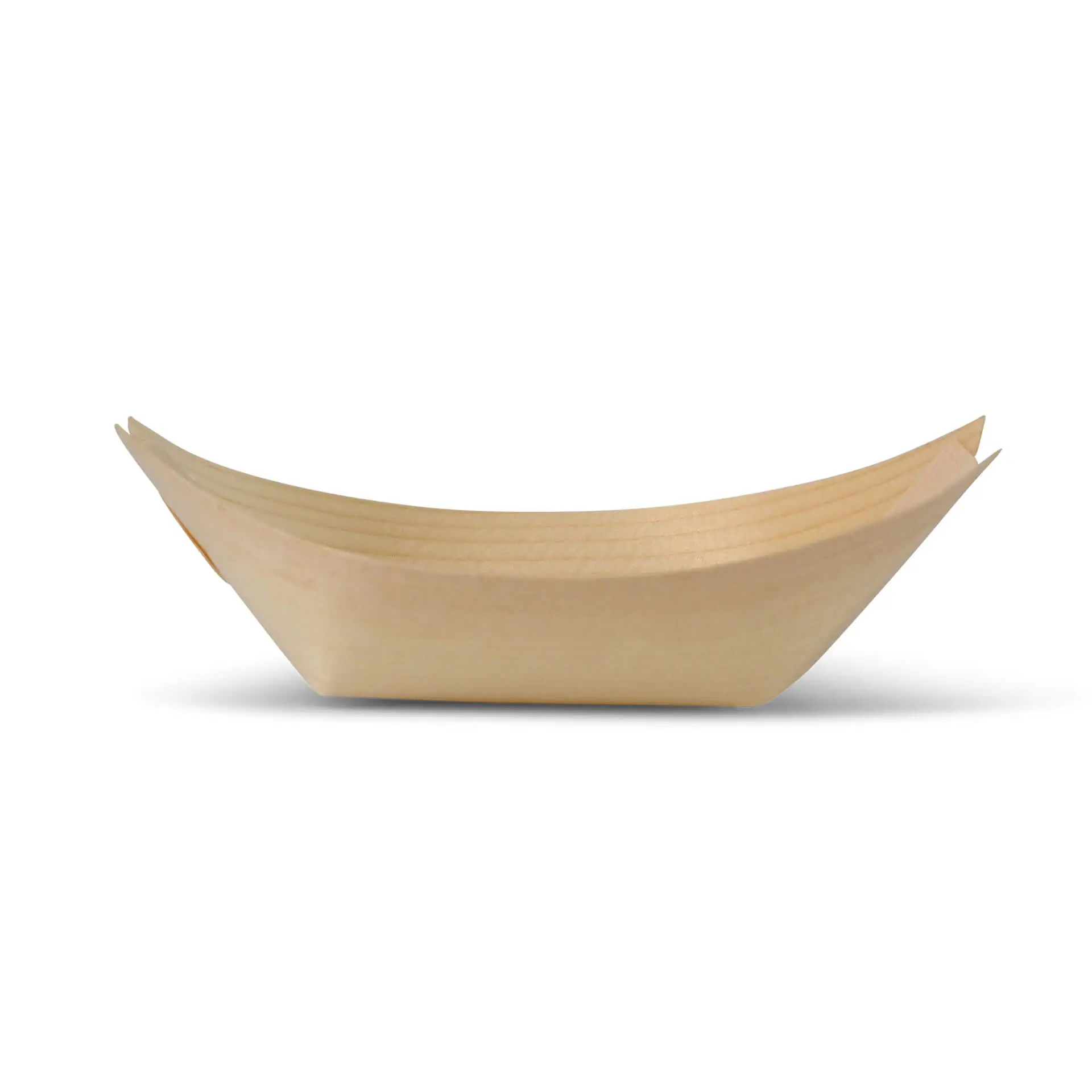Houten bootvormige container, 11 cm lang, gemaakt van bruin hout, met een gladde oppervlakte en zonder coating.