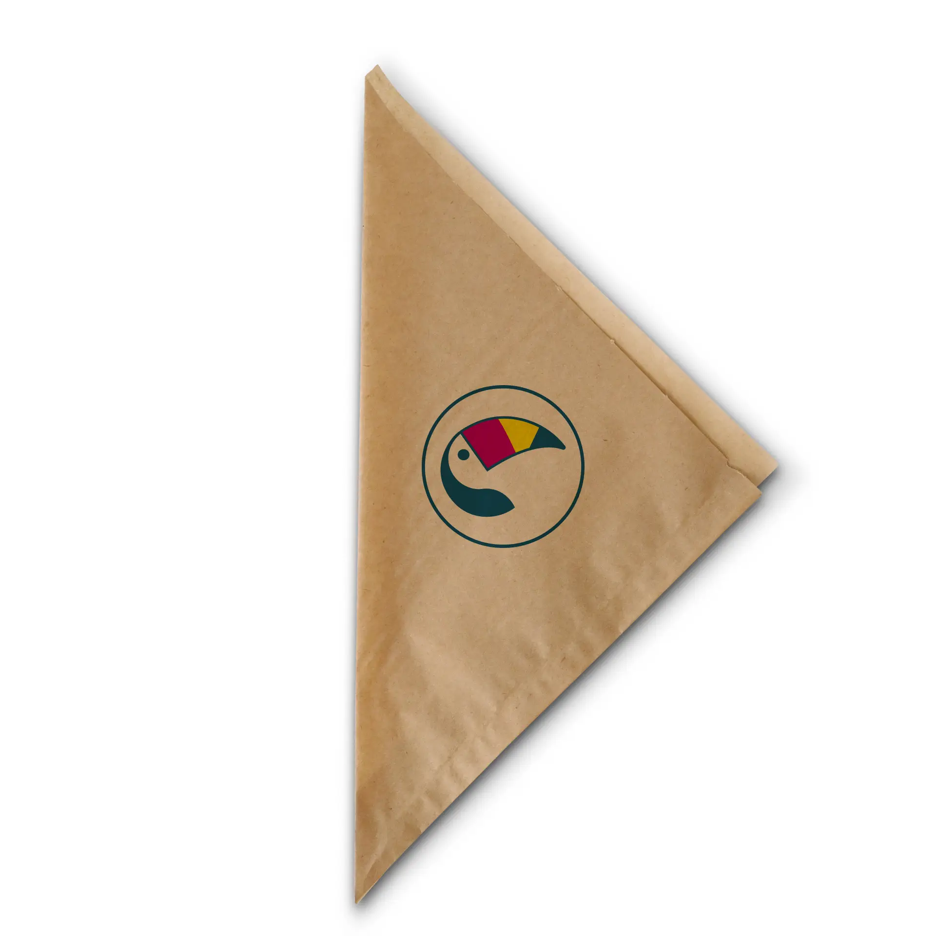 Bruine papieren kegelzak voor friet, met een cirkelvormig logoontwerp, geschikt voor warme en koude voedingsmiddelen.