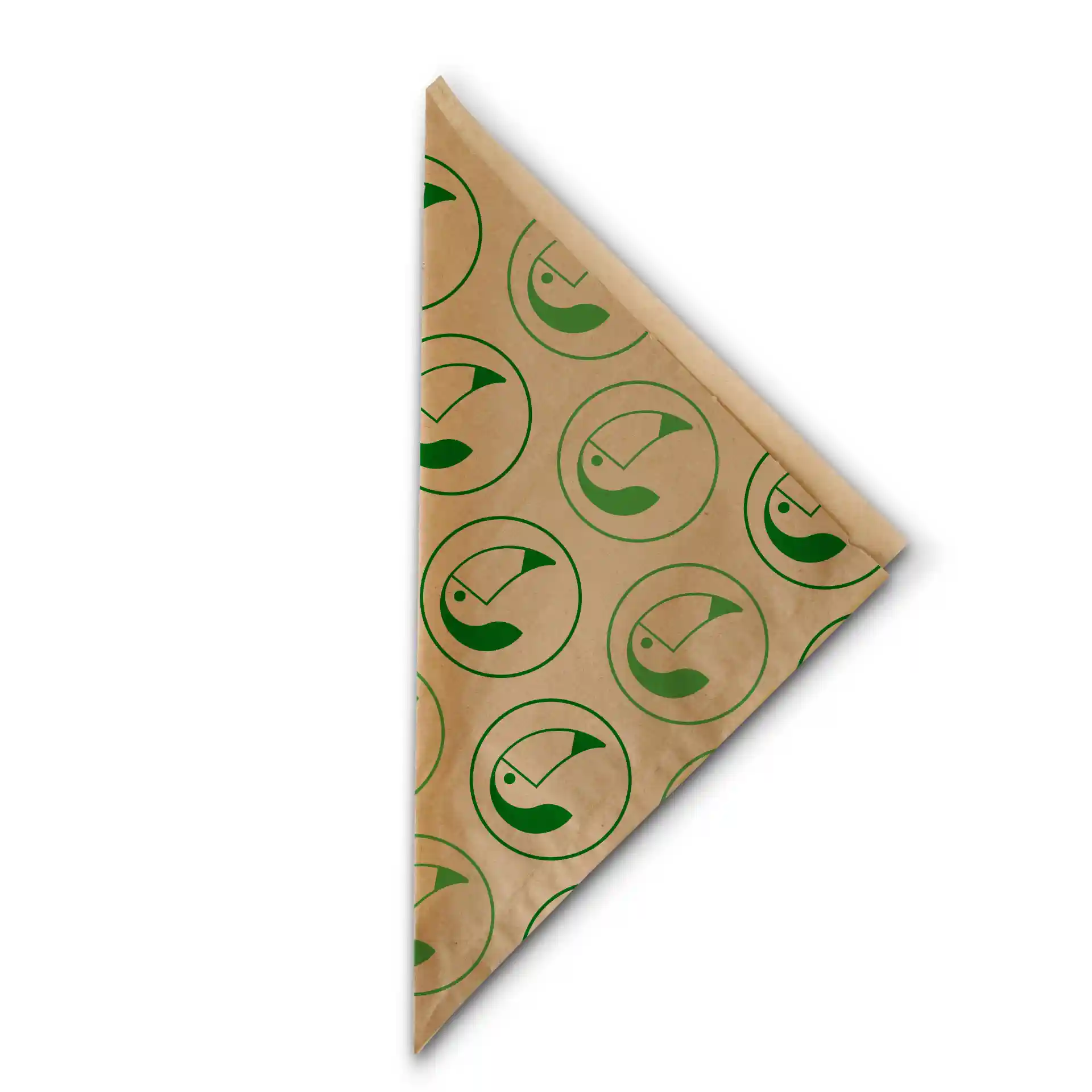 Bruine bedrukte papieren kegel met groen cirkelvormig logo-patroon, 19 x 19 cm groot.