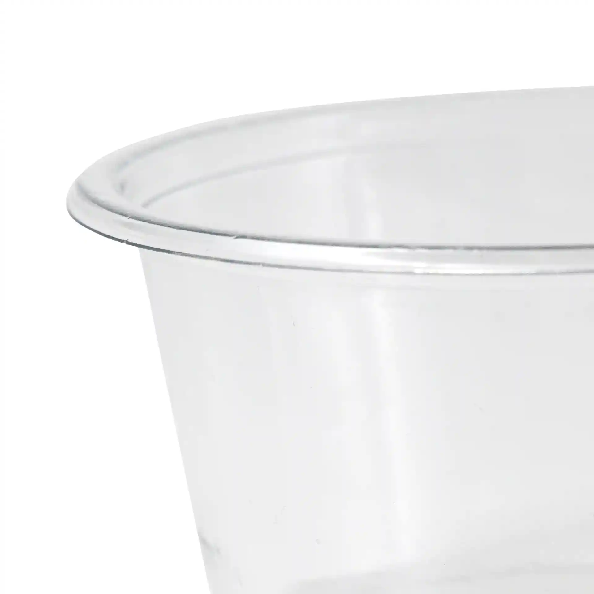 Transparante ronde rPET-sauspot met een diameter van 75 mm en een hoogte van 34 mm.