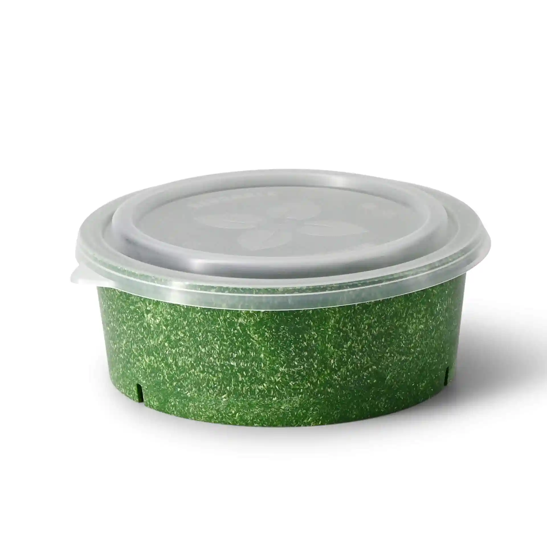 Ronde groene kom met een transparant deksel, 199 mm lang en 16 mm hoog.