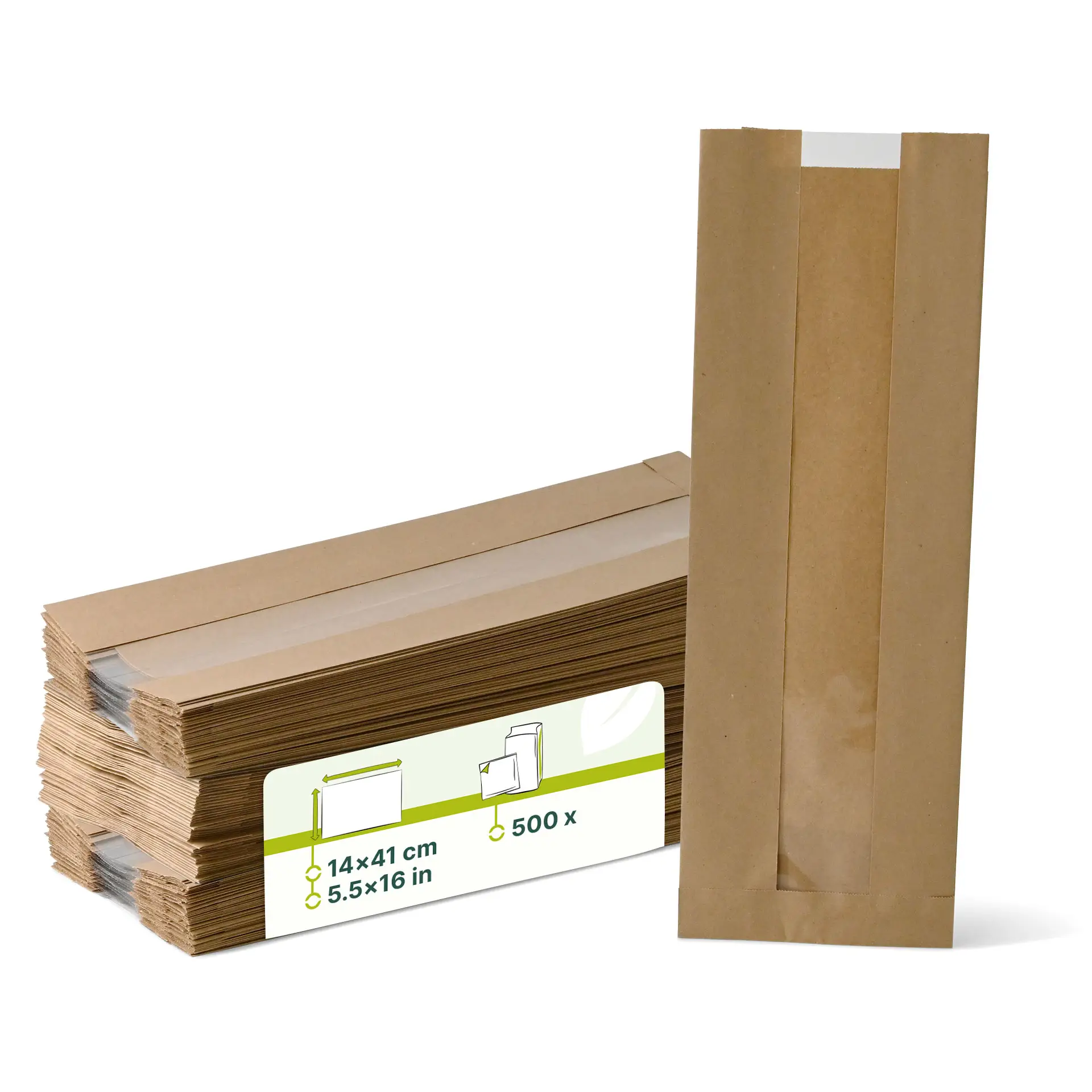 Papieren broodzakken met venster M, 14 x 7 x 41 cm, bruin Papieren broodzakken met venster M, 14 x 7 x 41 cm, bruin