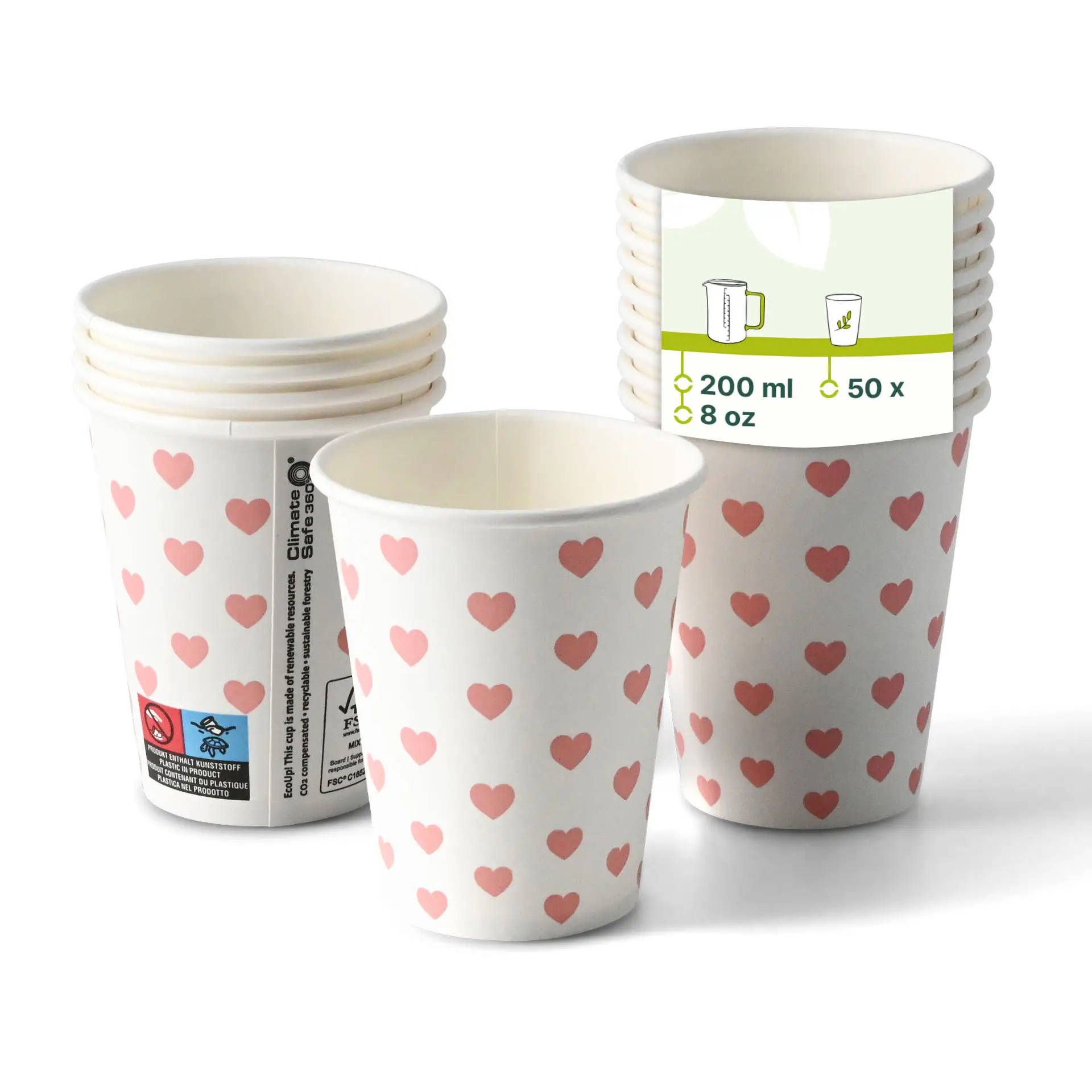 Papieren beker bedrukt "Hearts" (gecoat) 200 ml / 8 oz, Ø 80 mm, wit