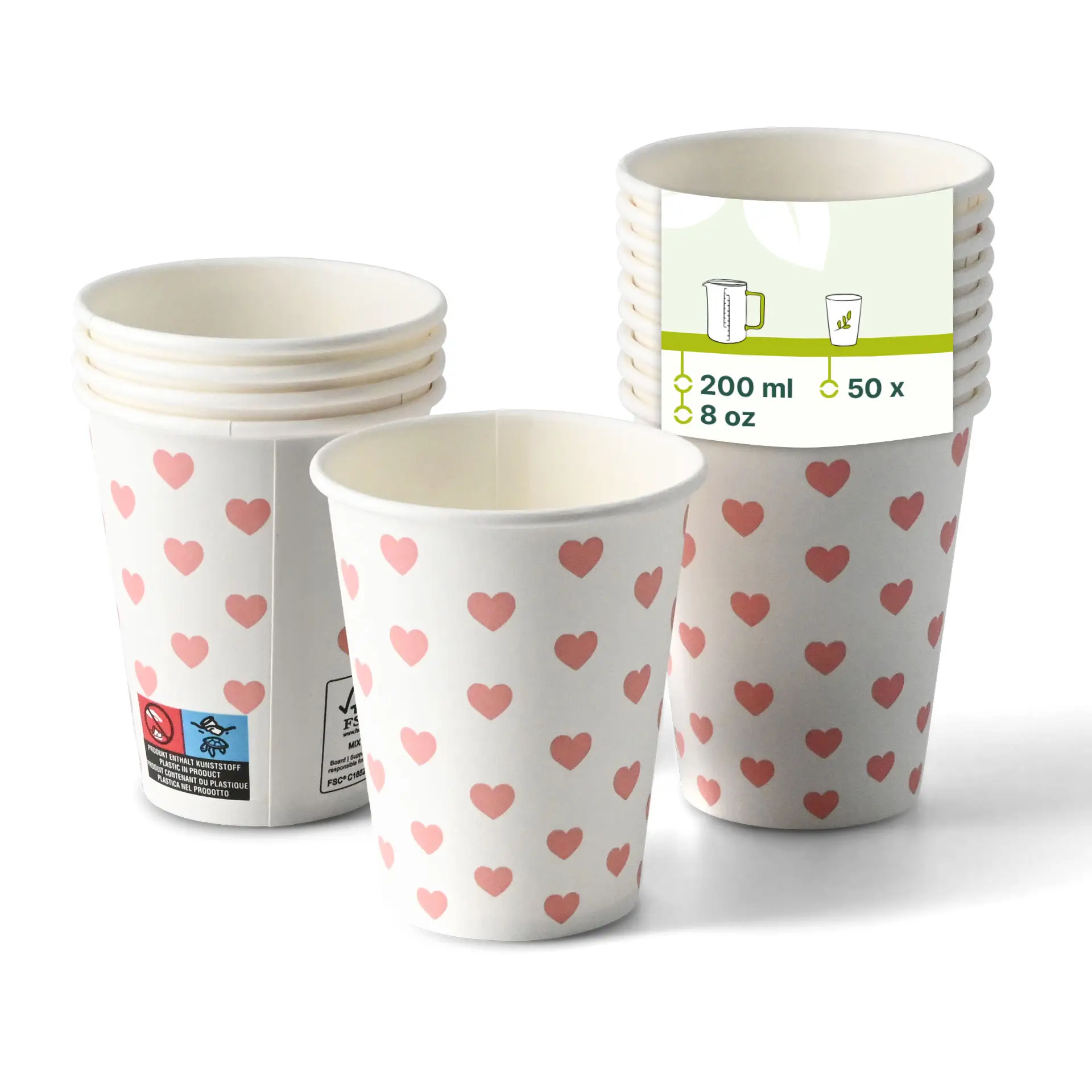 Een witte papieren beker met een hartjesprint in beeld; verschillende soortgelijke bekers gestapeld erachter. Afmetingen: 8 oz, PE-gecoated.