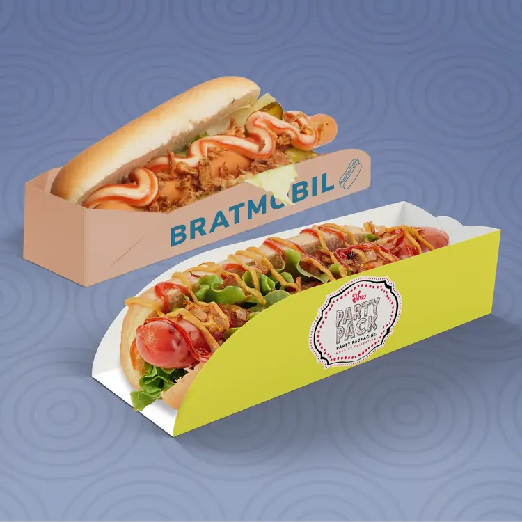 Twee hotdogs in verpakking: de linker met 'BRATMOBIL' en de rechter met gele 'Party Pack'-label.