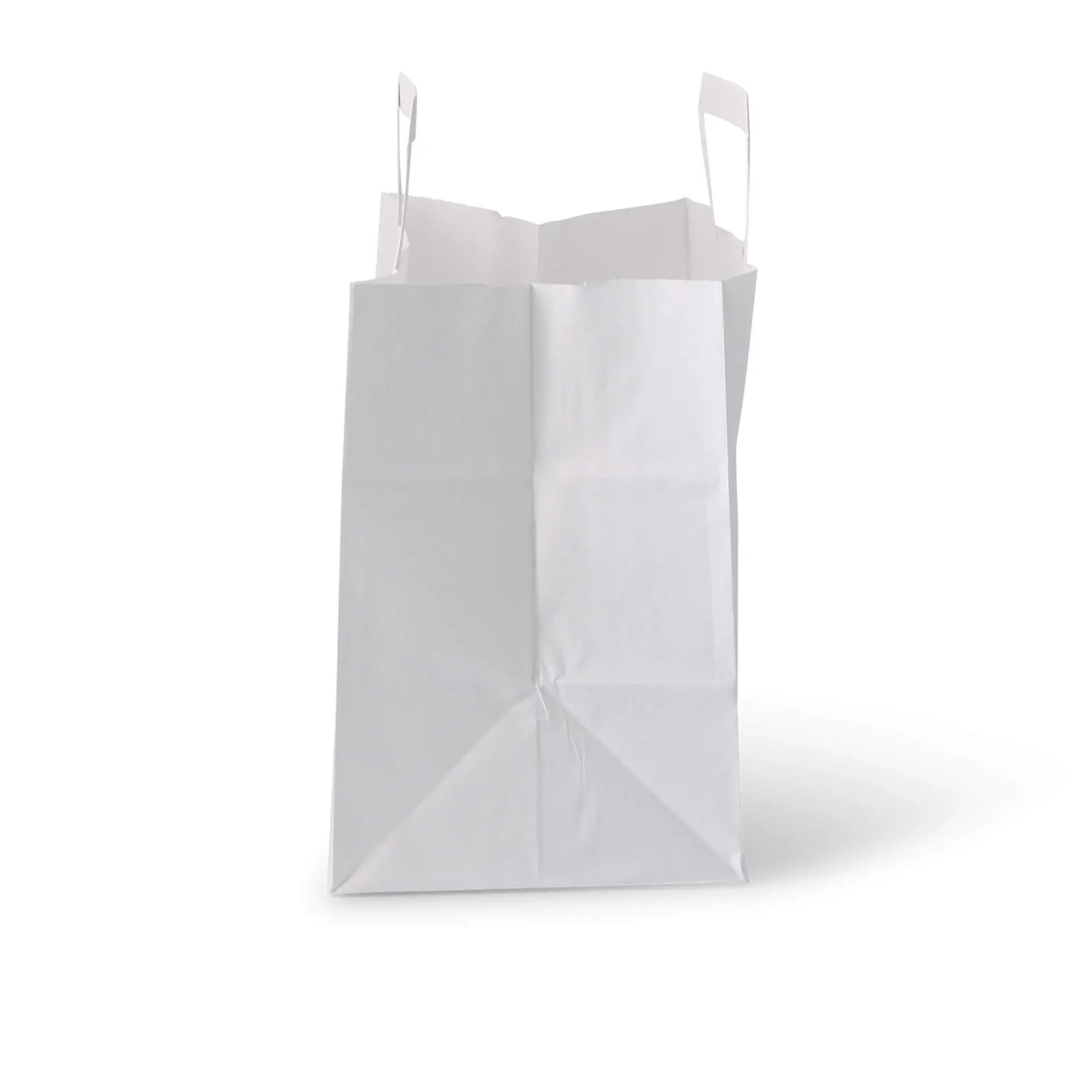 Witte kraftpapier draagtas, maat L (26 x 17 x 25 cm), ontworpen voor lichte boodschappen en afhaalhapjes.