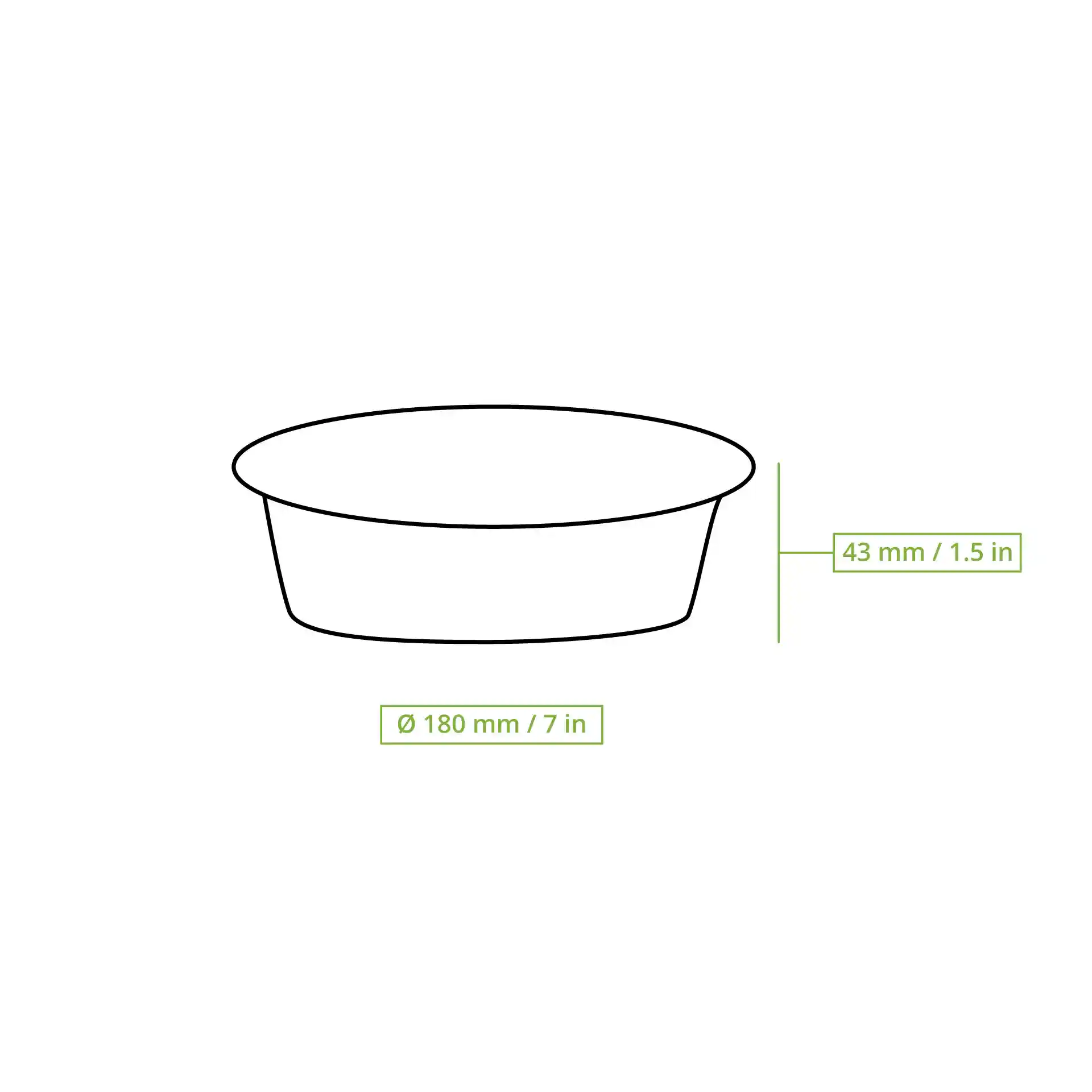Schematische tekening van een ronde aluminium container met een diameter van 180 mm en een hoogte van 43 mm.