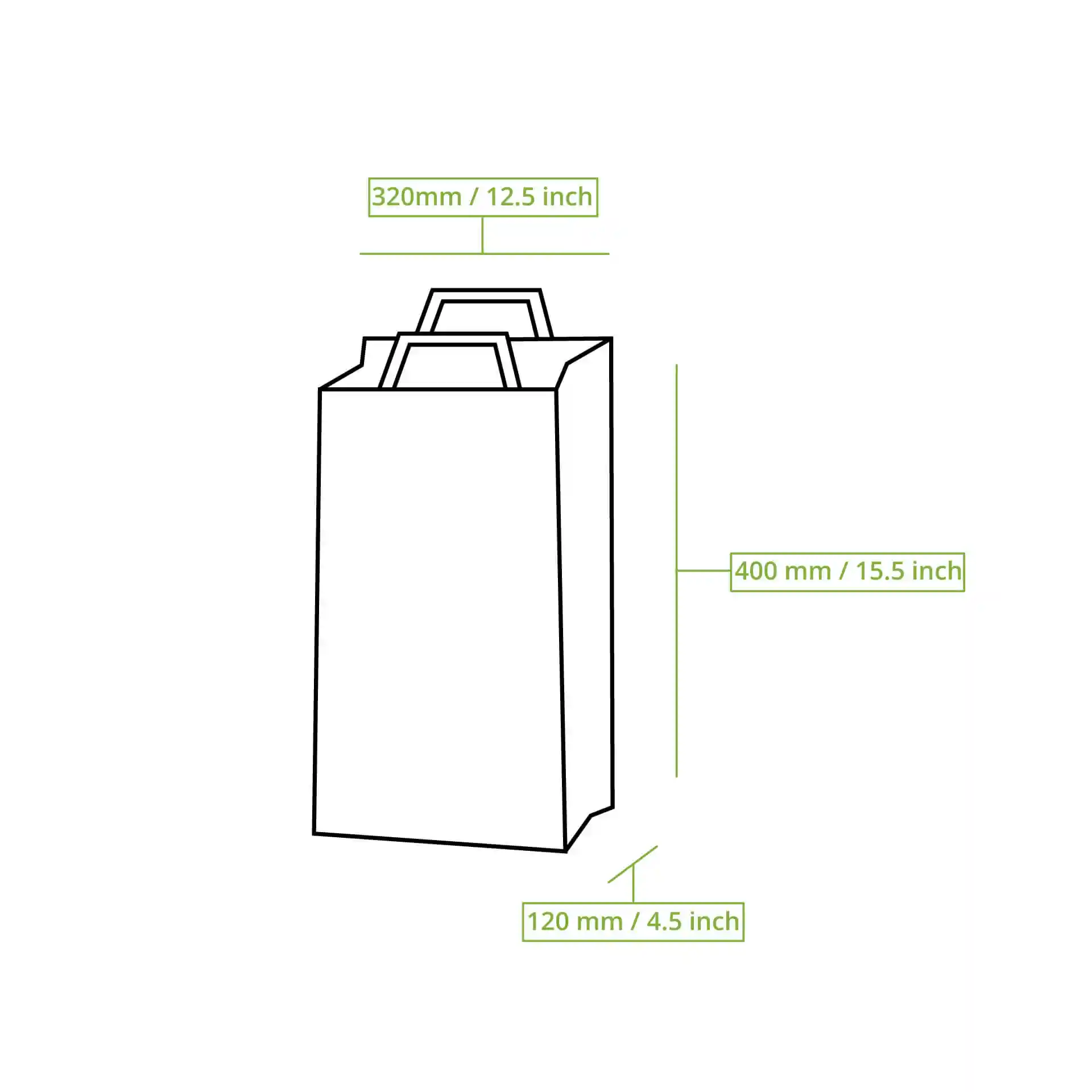 Schematische tekening van een bruine recycling papieren draagtas met afmetingen: 320mm lengte, 400mm hoogte, 120mm breedte.