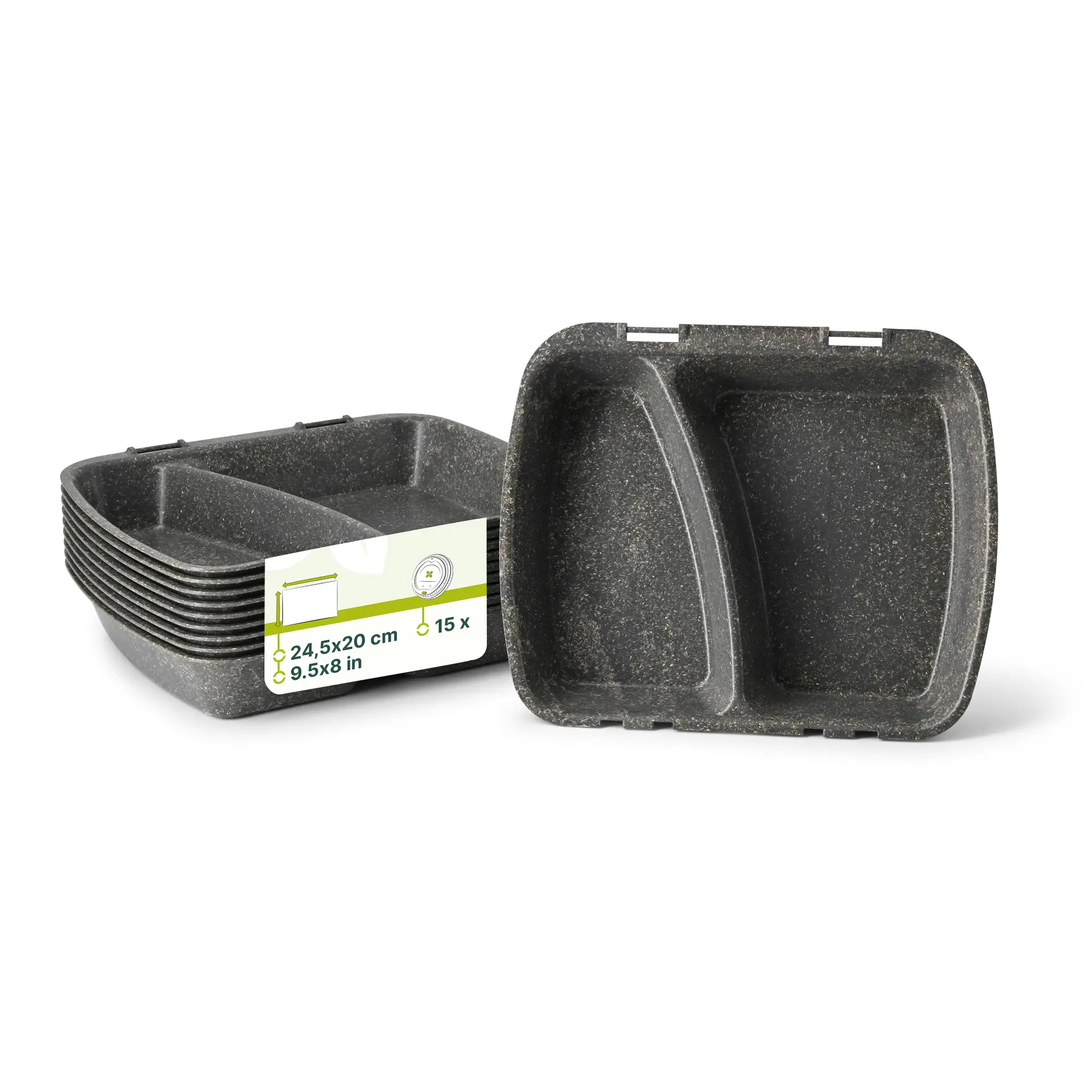 Herbruikbare menubakjes "merways Box", 24,5 x 20 x 4,5 cm, 2 vakken, HP4/2, peper/grijs Herbruikbare menubakjes "merways Box", 24,5 x 20 x 4,5 cm, 2 vakken, HP4/2, peper/grijs