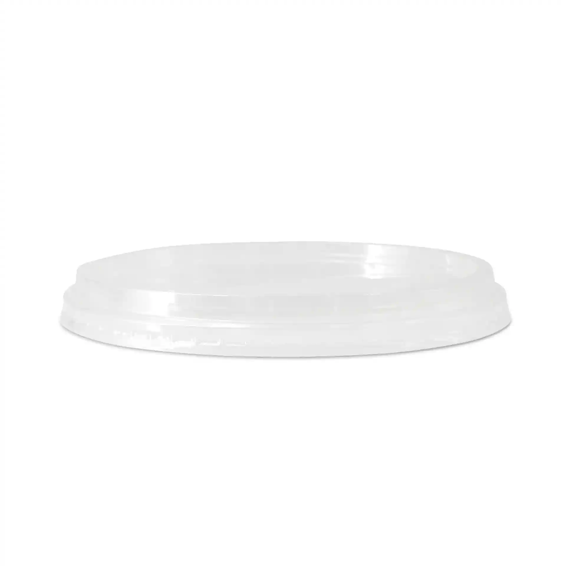 Transparant rond deksel voor bekers, met een diameter van 143 mm en een hoogte van 16 mm.