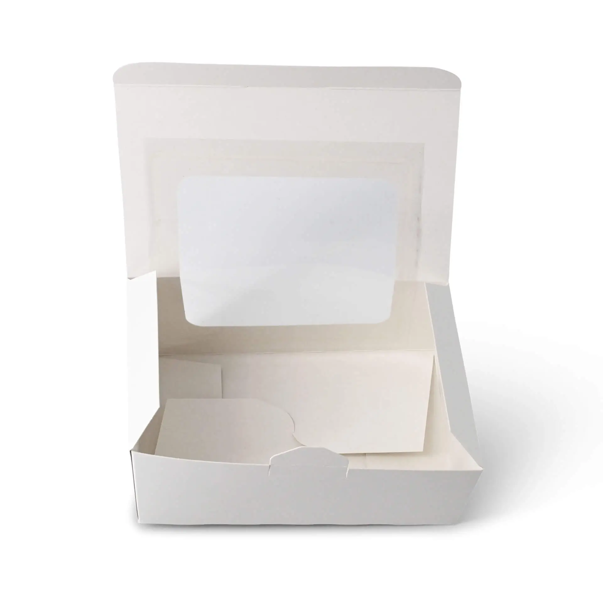 Witte 2-delige cupcake doos met cellulose venster, geschikt voor het bewaren van gebak zoals cupcakes of muffins.