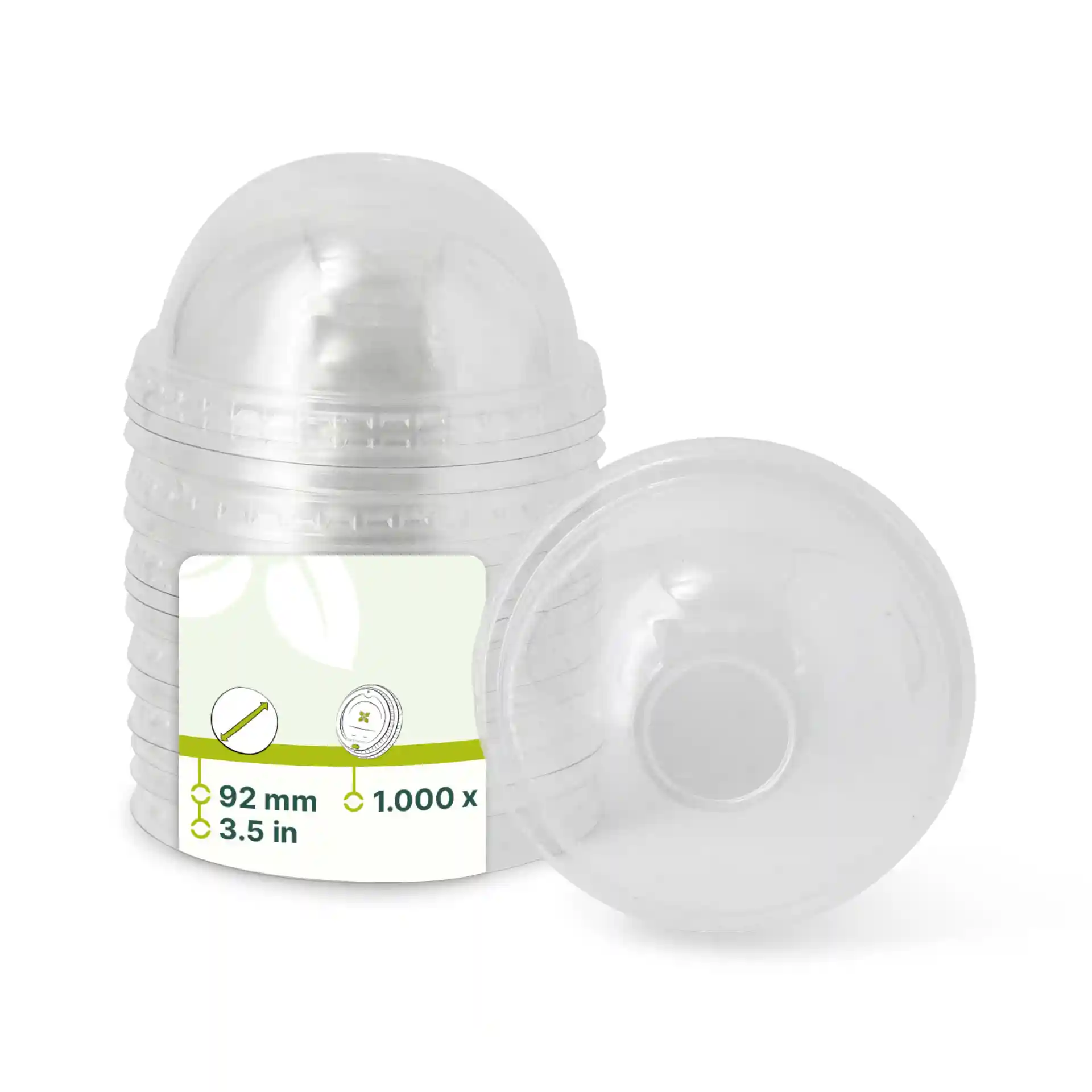 Heldere rPET-dome deksels met een diameter van 92 mm, gestapeld met één deksel naast de stapel.